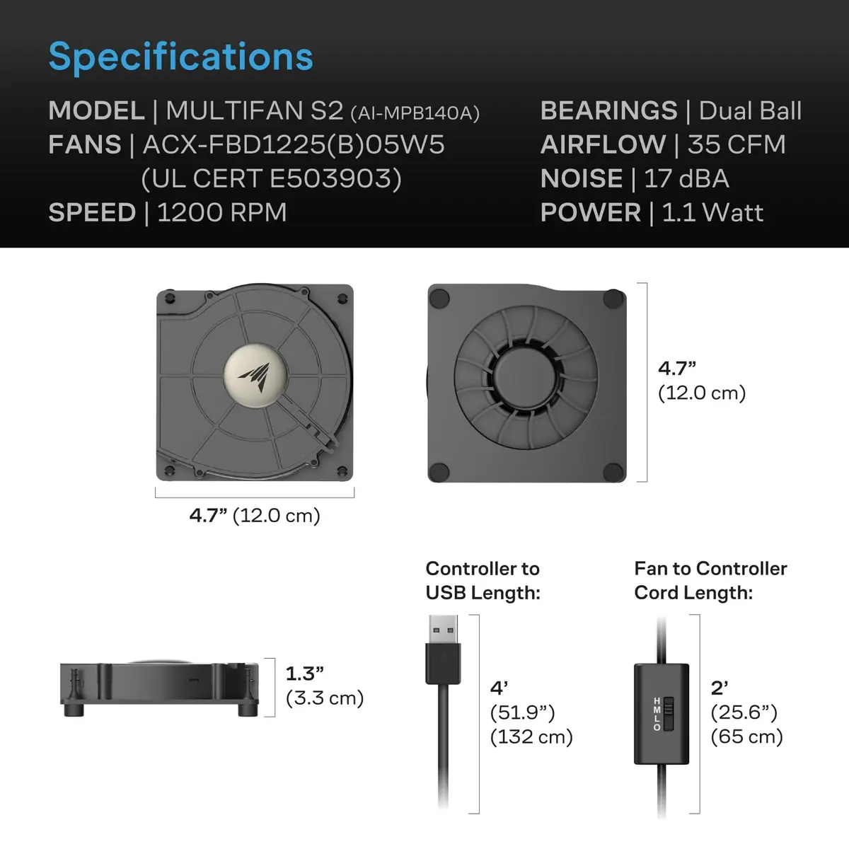 AC Infinity MULTIFAN S2 Quiet USB Blower Fan 4.7 x 4.7 x 1 in | 35 CFM airflow, UL-certified - view 7