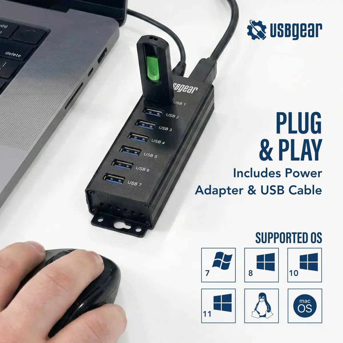 USBGear 7-Port USB 3.2 Gen 1 Hub with 5V/4A Power Adapter | 5Gbps SuperSpeed Data Transfer - view 2