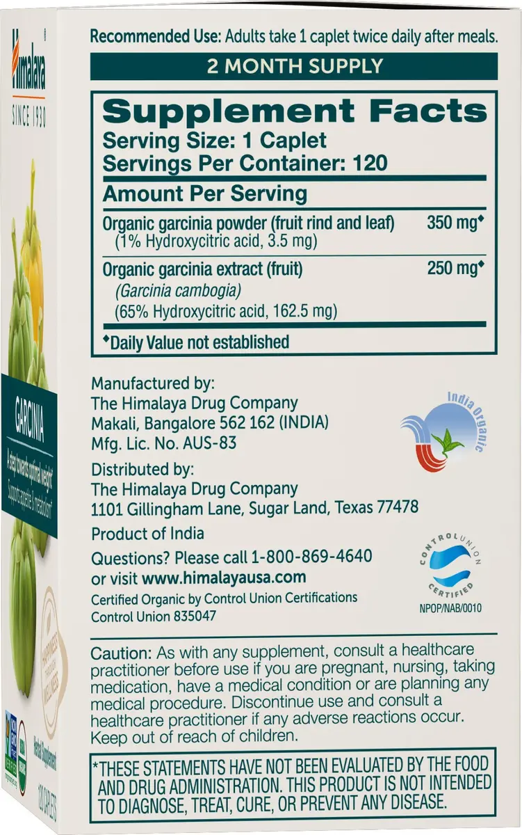 Himalaya Organic Garcinia Cambogia Herbal Supplement 600 mg | Appetite & Lipid Support, USDA Organic, Vegan, 120 Caplets - view 2