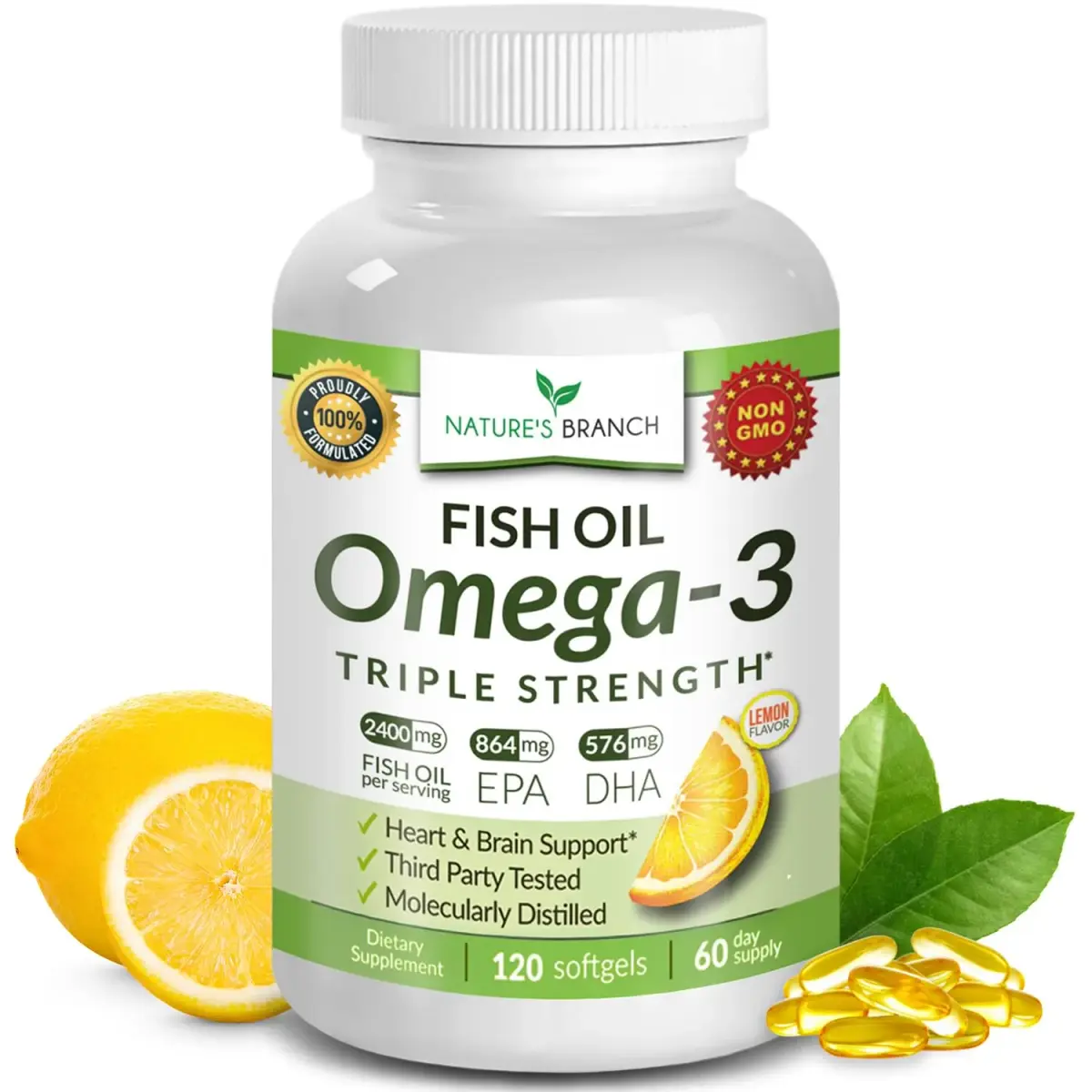 NATURE'S BRANCH Triple Strength Omega 3 Fish Oil 2400mg (120 Count) | Heart, Brain & Eye Health Support with EPA & DHA - main product image