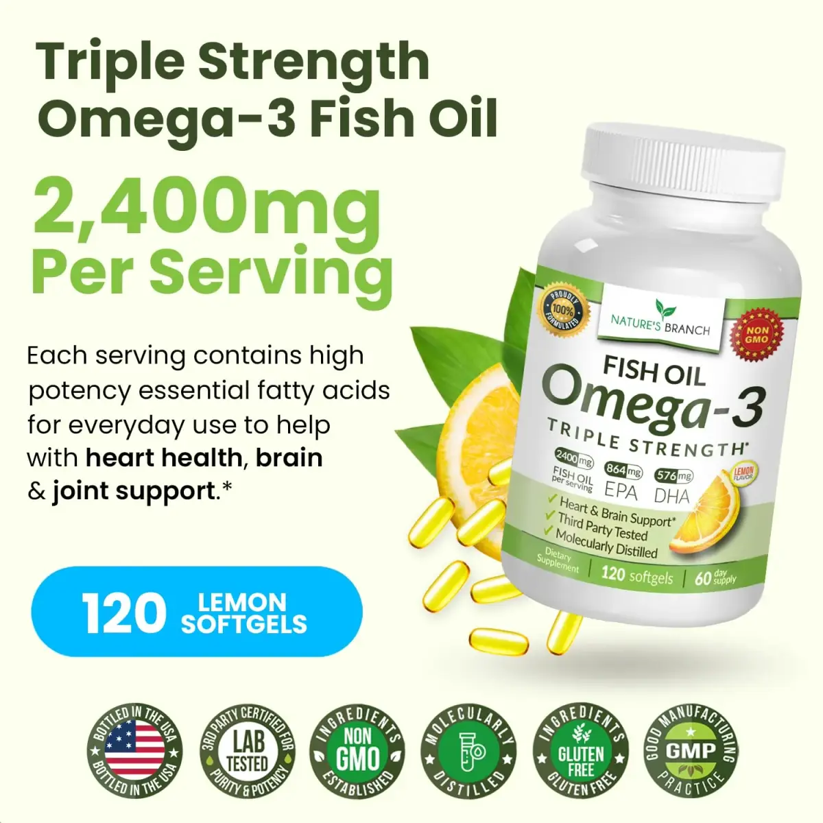 NATURE'S BRANCH Triple Strength Omega 3 Fish Oil 2400mg (120 Count) | Heart, Brain & Eye Health Support with EPA & DHA - view 7
