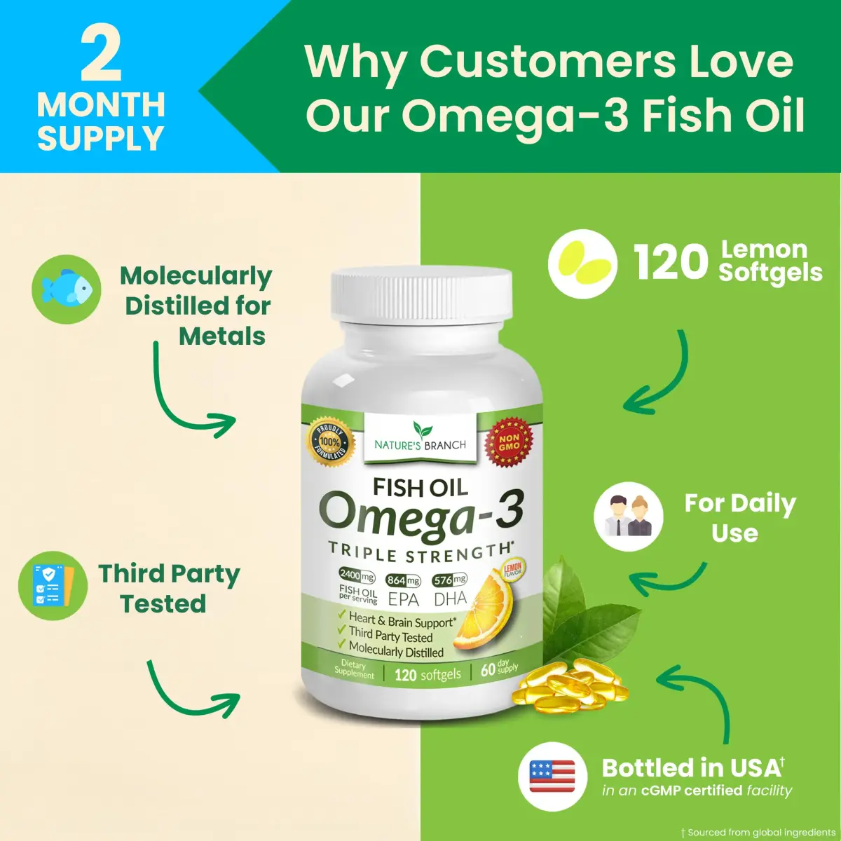 NATURE'S BRANCH Triple Strength Omega 3 Fish Oil 2400mg (120 Count) | Heart, Brain & Eye Health Support with EPA & DHA - view 4
