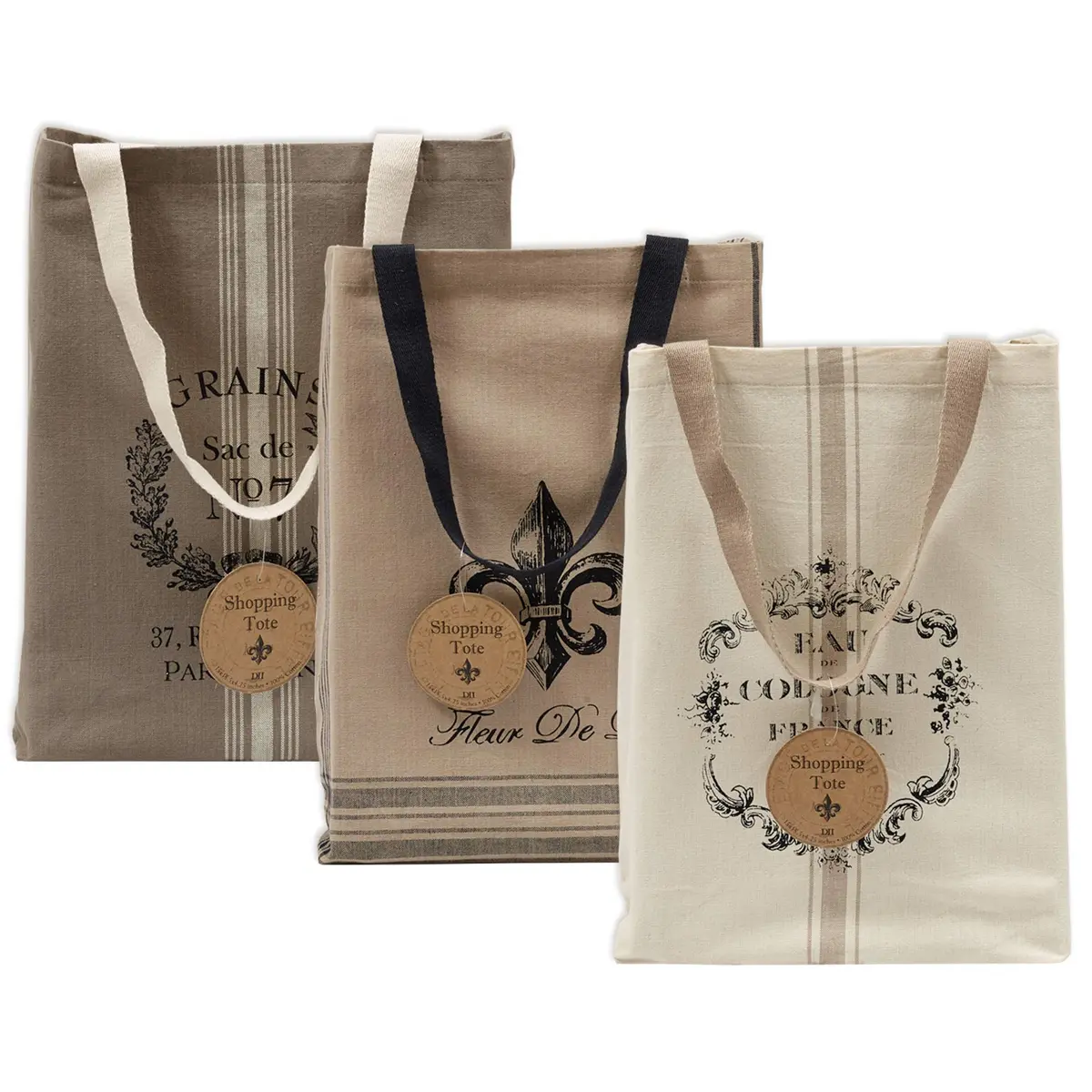 DII Printed Shopping Canvas Bags, Set of 3, French Print | Durable & Reusable Cotton Tote (15x15.25x4") - main product image