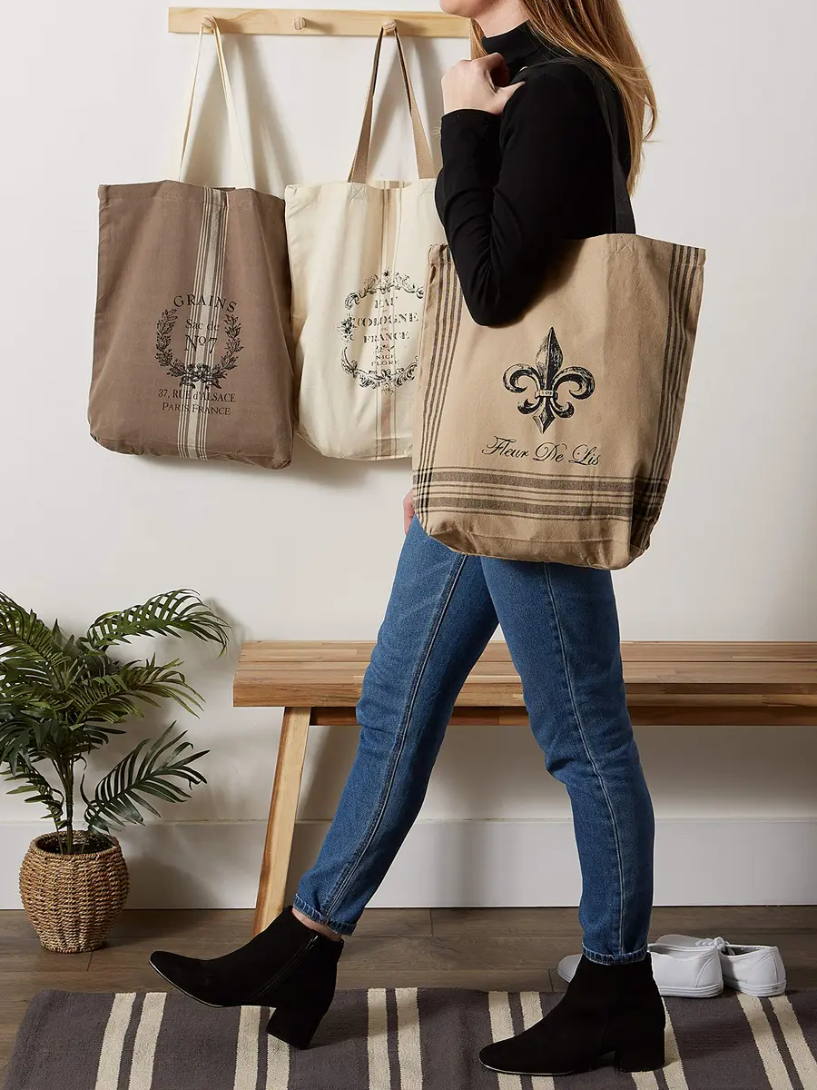 DII Printed Shopping Canvas Bags, Set of 3, French Print | Durable & Reusable Cotton Tote (15x15.25x4") - view 2
