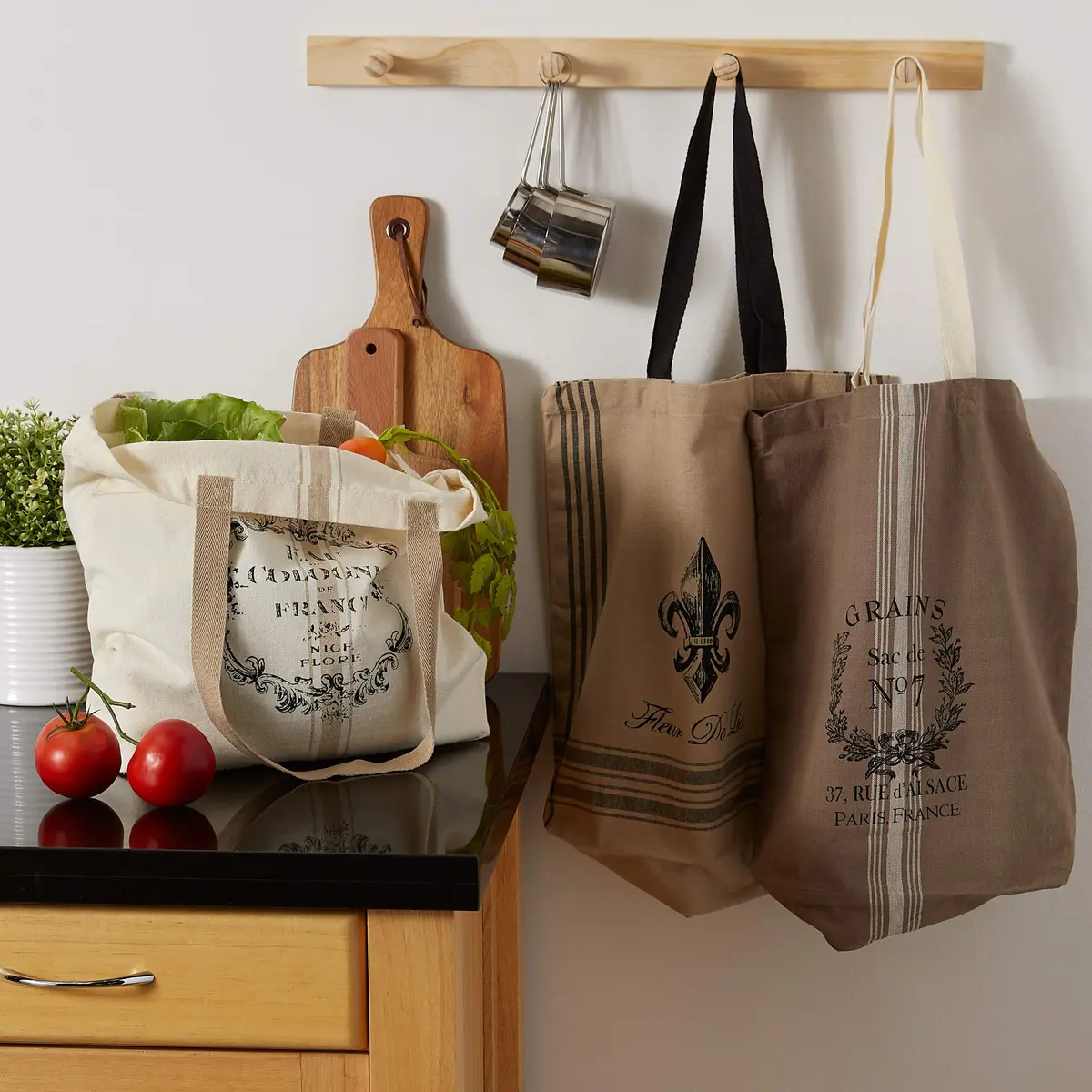 DII Printed Shopping Canvas Bags, Set of 3, French Print | Durable & Reusable Cotton Tote (15x15.25x4") - view 3