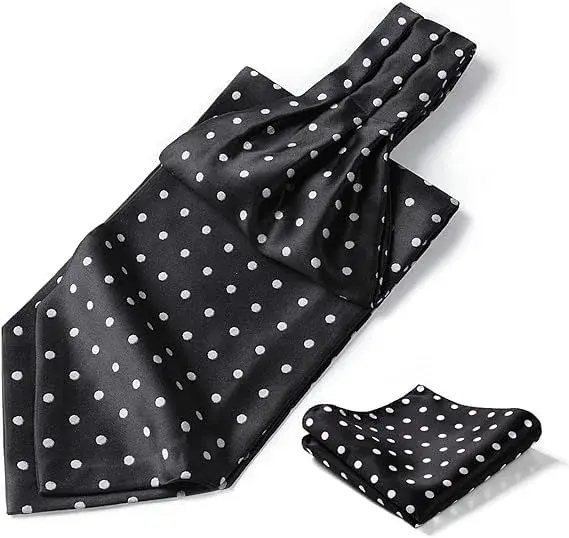 HISDERN Black Polka Dot Ascot Tie and Pocket Square Set 126cm (49.6") | Jacquard Woven Silk Blend for Men - main product image