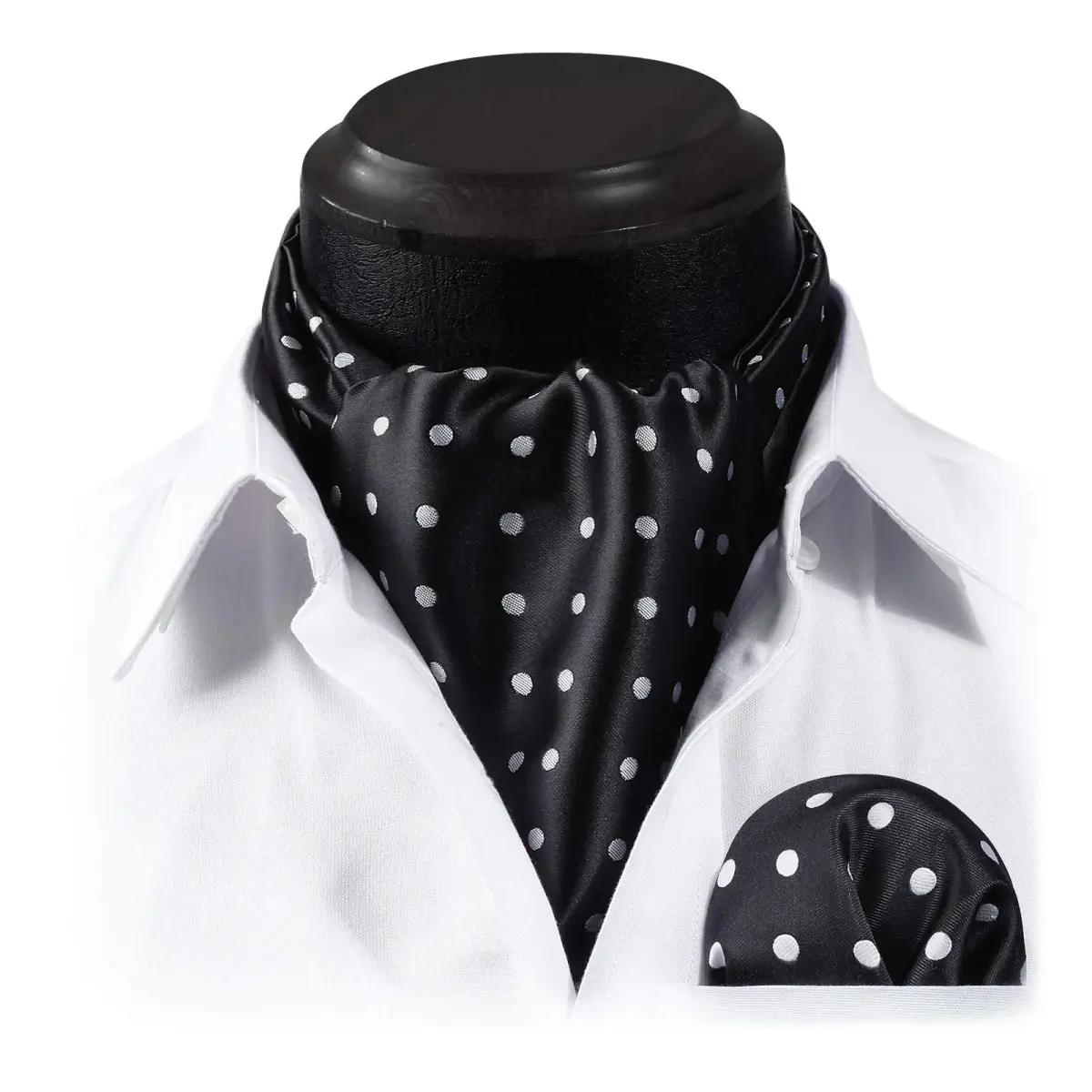HISDERN Black Polka Dot Ascot Tie and Pocket Square Set 126cm (49.6") | Jacquard Woven Silk Blend for Men - view 4