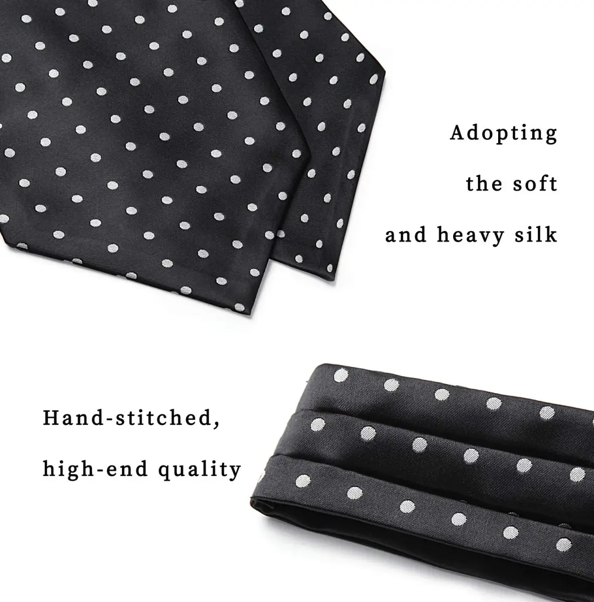 HISDERN Black Polka Dot Ascot Tie and Pocket Square Set 126cm (49.6") | Jacquard Woven Silk Blend for Men - view 5