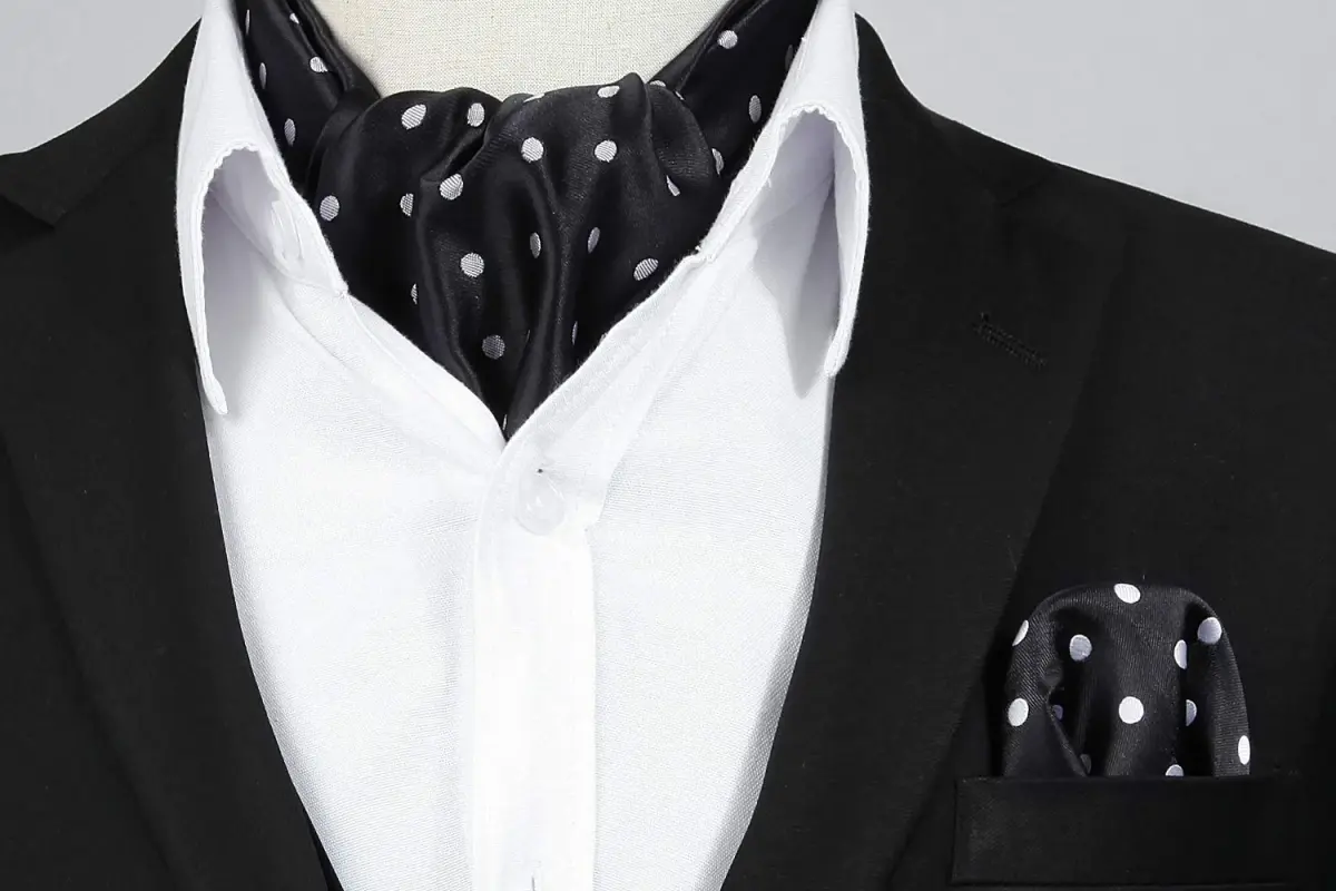 HISDERN Black Polka Dot Ascot Tie and Pocket Square Set 126cm (49.6") | Jacquard Woven Silk Blend for Men - view 3