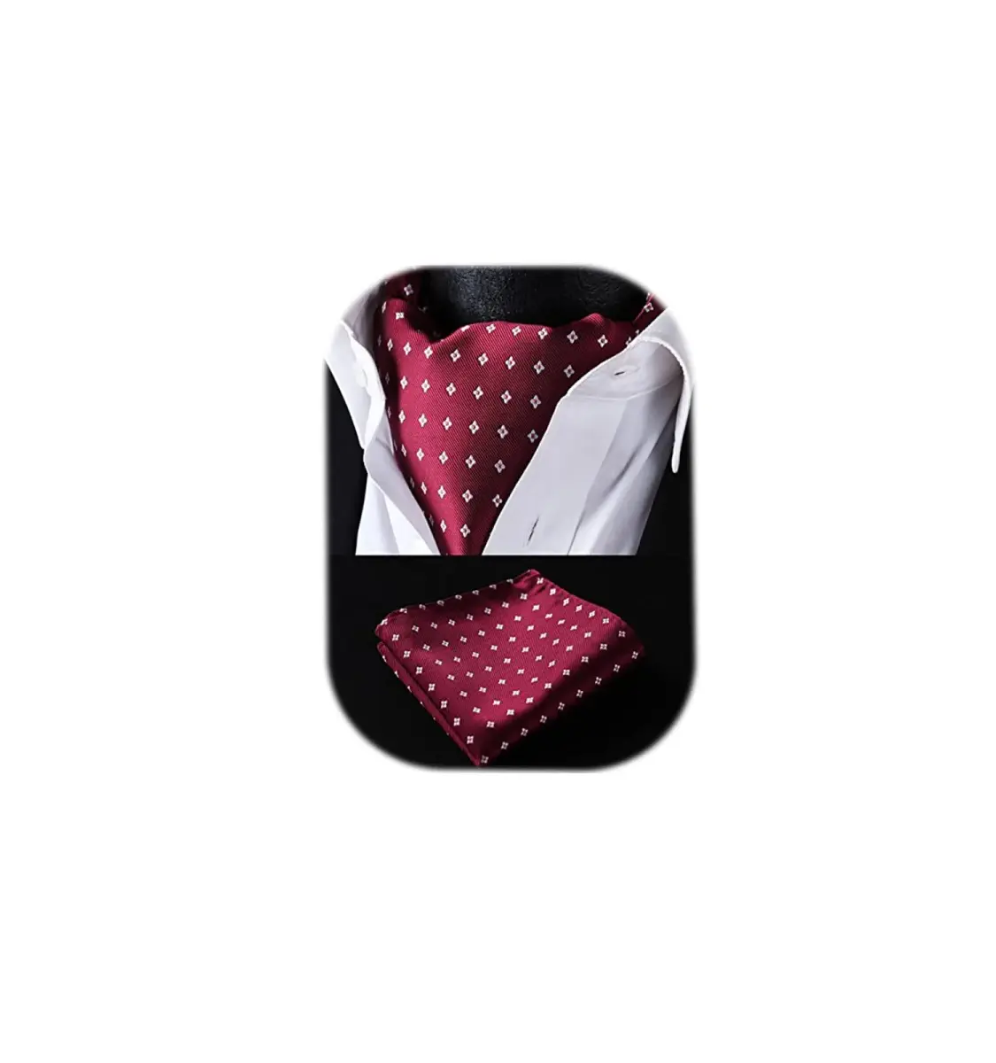 HISDERN Men's Cravat Ascot Tie & Pocket Square Set Burgundy Polka Dot 126cm (49.6") | Jacquard Woven Silk Blend - main product image