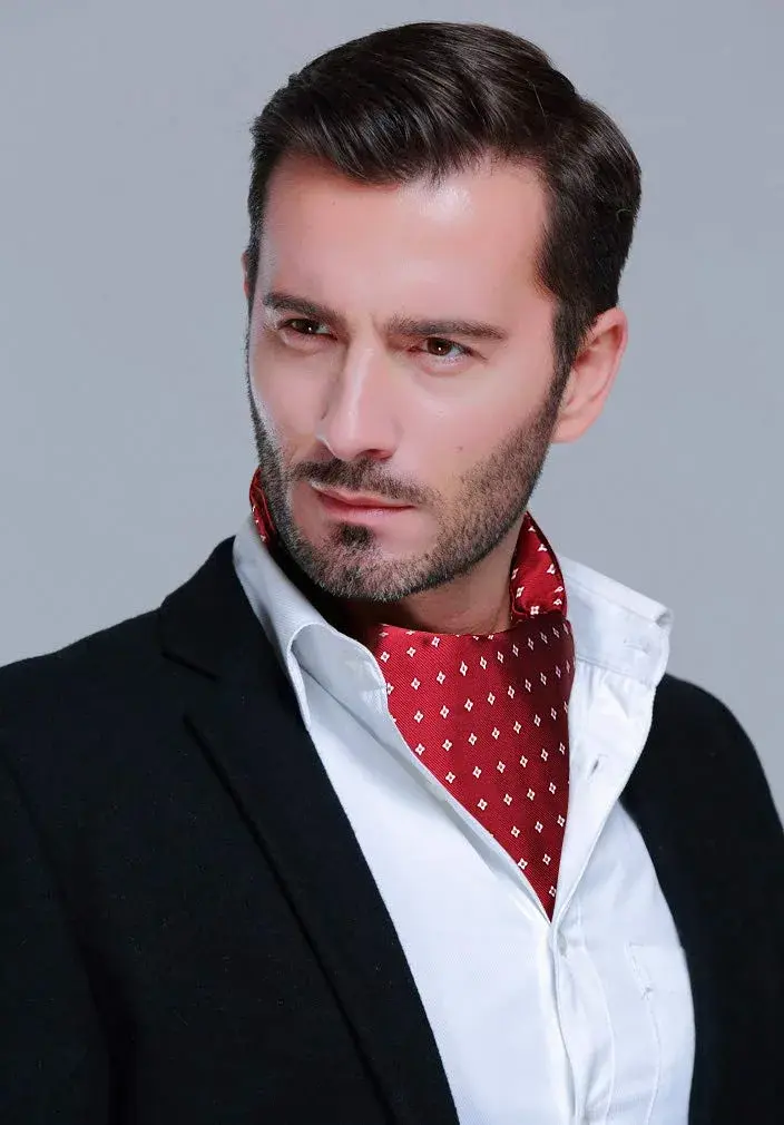 HISDERN Men's Cravat Ascot Tie & Pocket Square Set Burgundy Polka Dot 126cm (49.6") | Jacquard Woven Silk Blend - view 3