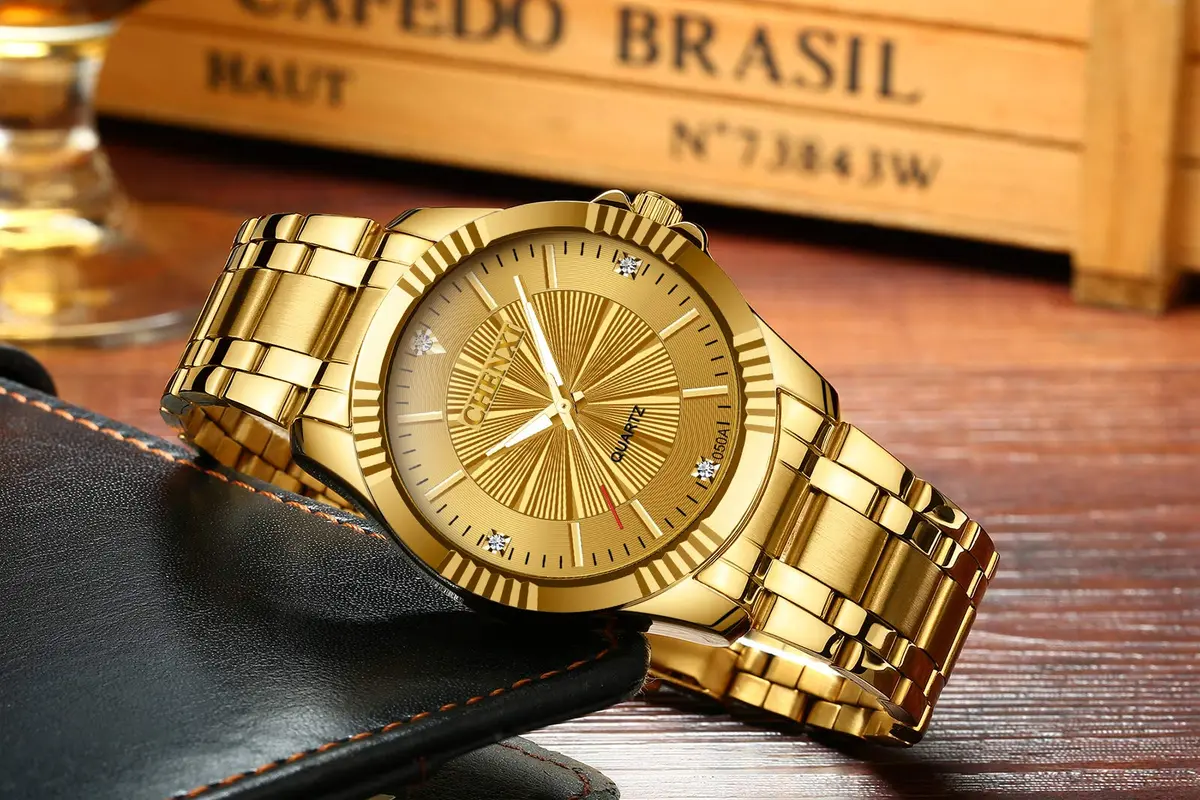 DREAMING Q&P Gold Stainless Steel Men's Business Wrist Watch | Water-Resistant 10m | Crystals - view 5