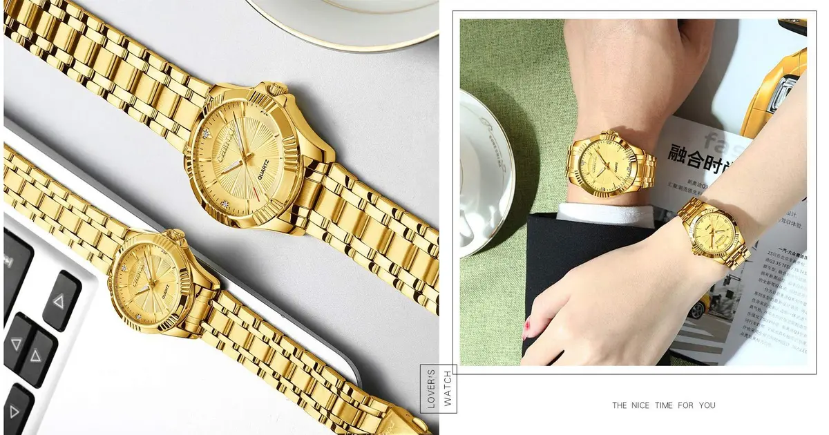 DREAMING Q&P Gold Stainless Steel Men's Business Wrist Watch | Water-Resistant 10m | Crystals - view 3
