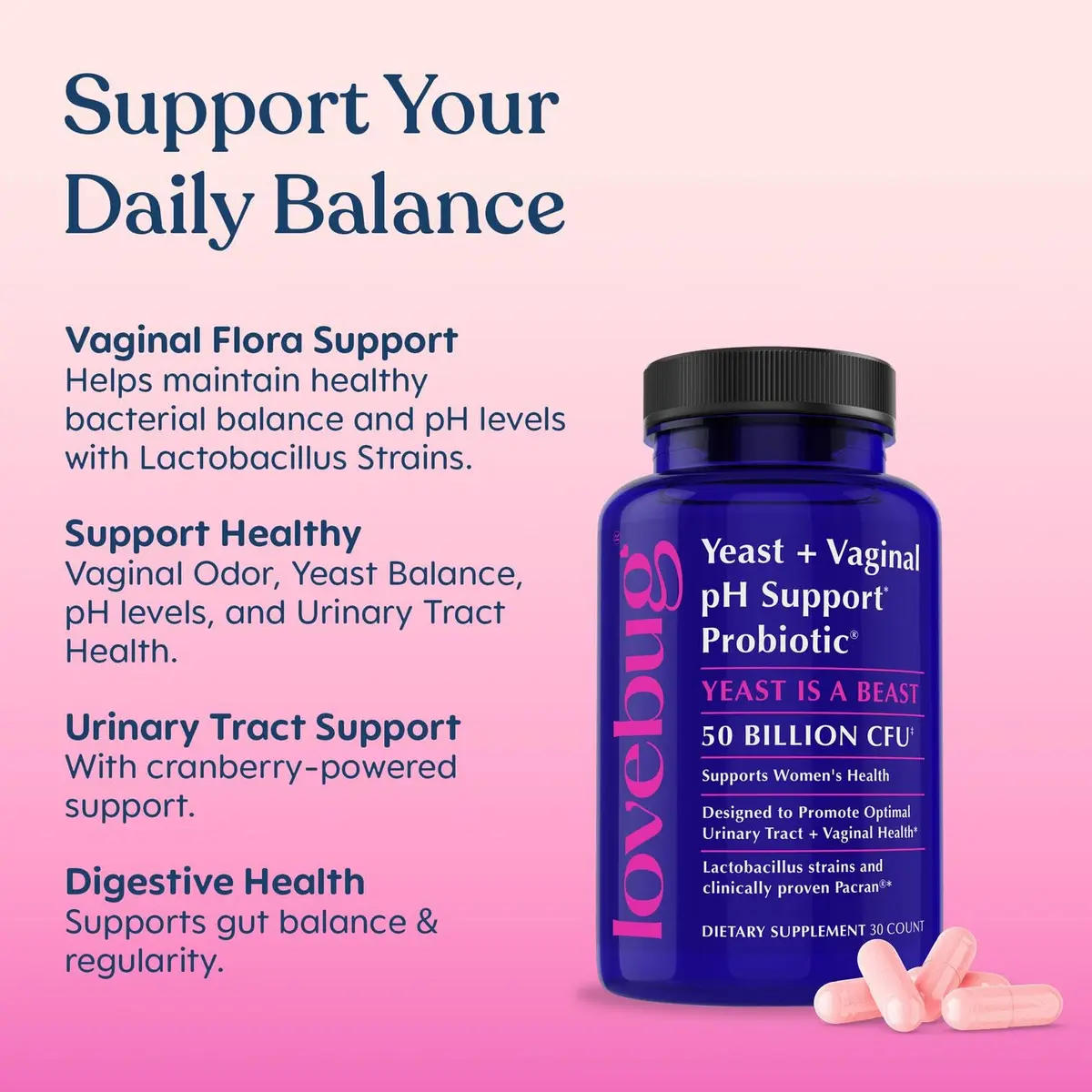 LOVEBUG Probiotics for Women with Pancran – Multi-Strain Probiotic Supporting UTI, BV, Odor & PH Balance - Vaginal Probiotics for Womens Intimate Flora & Digestive Health - 30 Capsules | Supports Vaginal & Digestive Balance - view 3