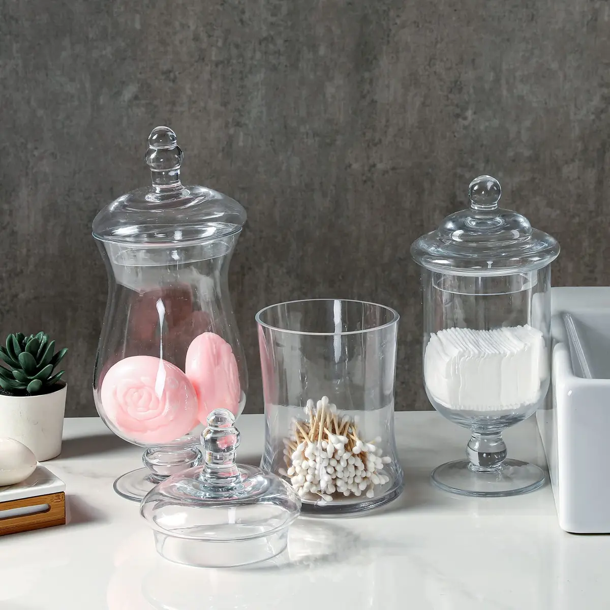 MyGift Clear Glass Apothecary Jars With Lid Footed Vase Set of 3 | Elegant Home Decor - view 3
