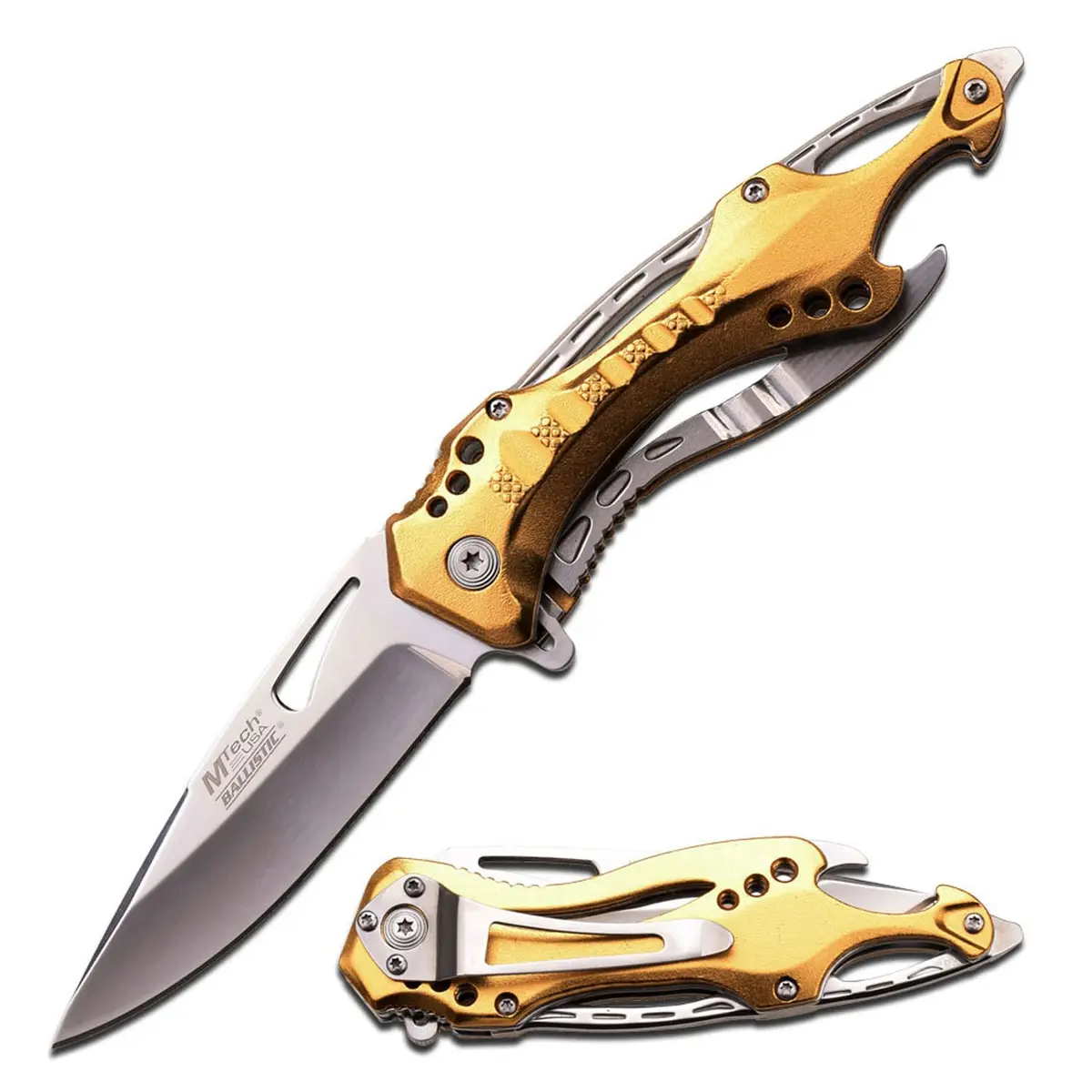 MTECH USA Folding Knife, 3.75-Inch Half-Serrated Blade, Titanium Coating, Glass Breaker, Pocket Clip (Gold Silver) | Compact Tactical Utility - main product image