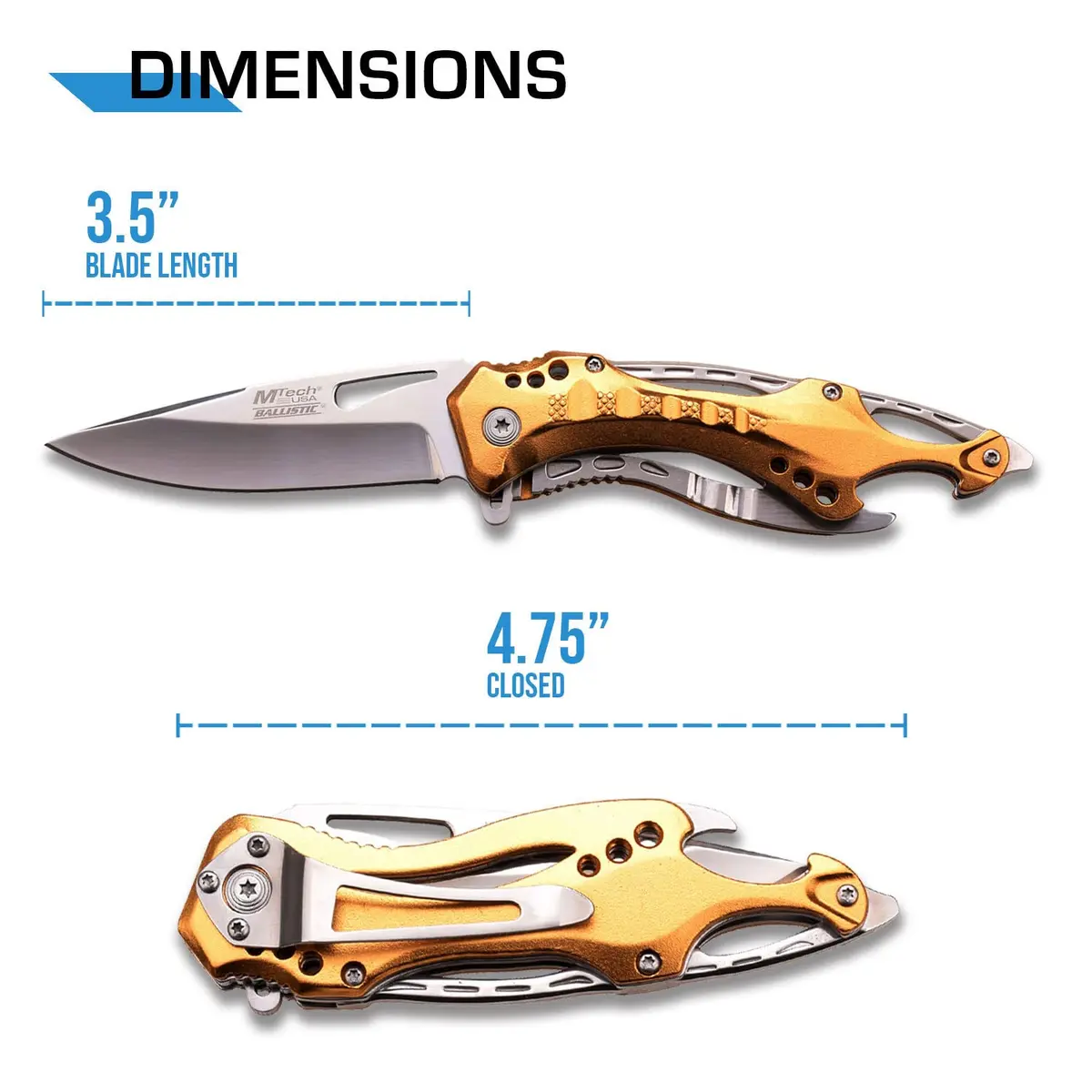 MTECH USA Folding Knife, 3.75-Inch Half-Serrated Blade, Titanium Coating, Glass Breaker, Pocket Clip (Gold Silver) | Compact Tactical Utility - view 2
