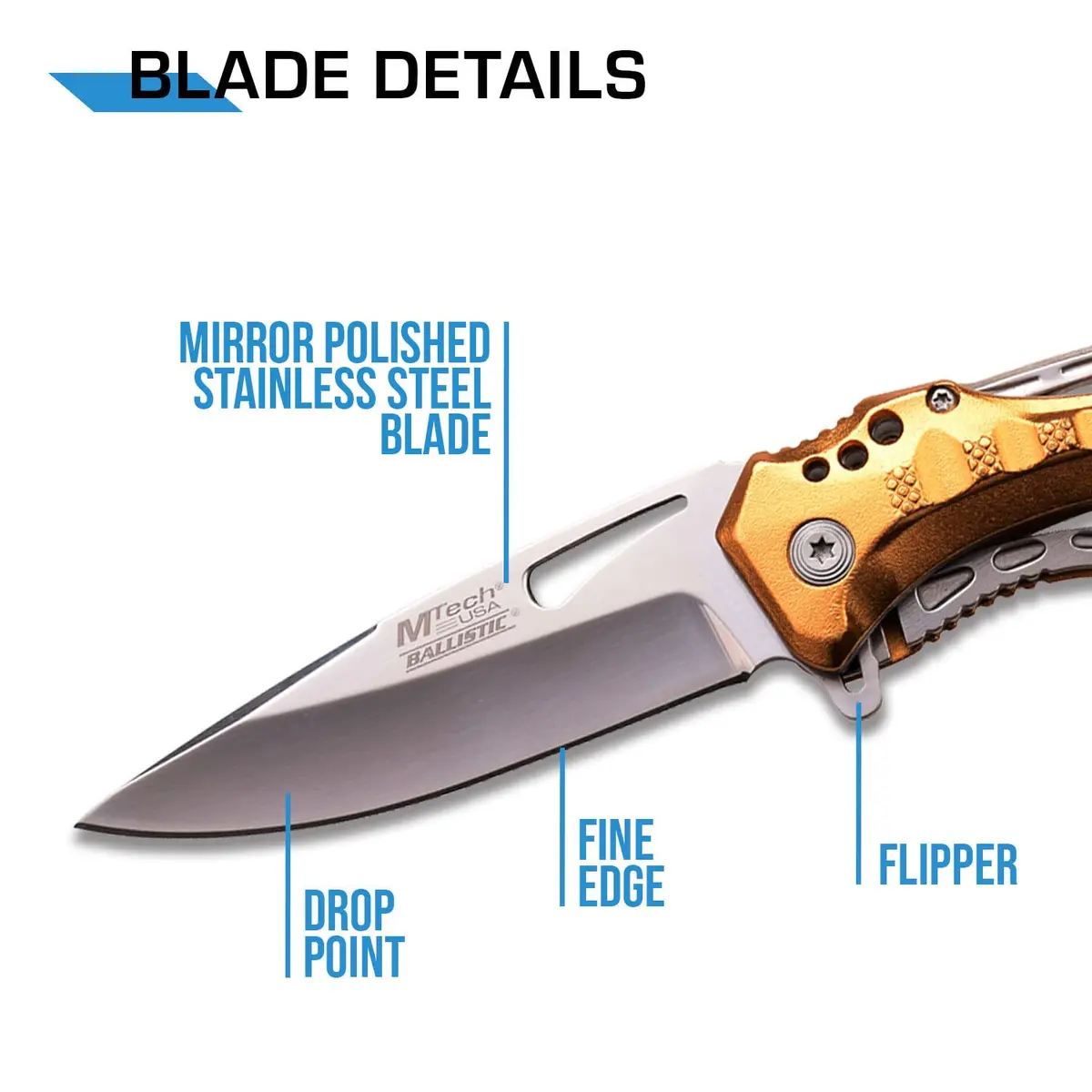 MTECH USA Folding Knife, 3.75-Inch Half-Serrated Blade, Titanium Coating, Glass Breaker, Pocket Clip (Gold Silver) | Compact Tactical Utility - view 3