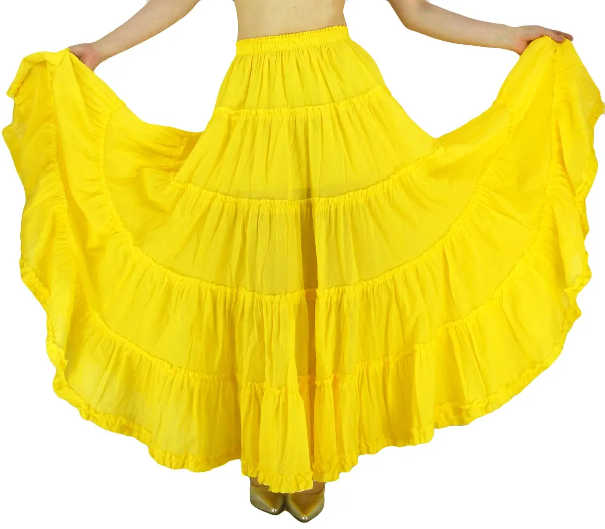 YSJERA Women's Cotton 5 Tiered A Line Pleated Maxi Skirt Long Boho Gypsy Dance Skirts (One Size,Yellow) | Flowy, Breathable Cotton for Casual & Formal Wear - main product image