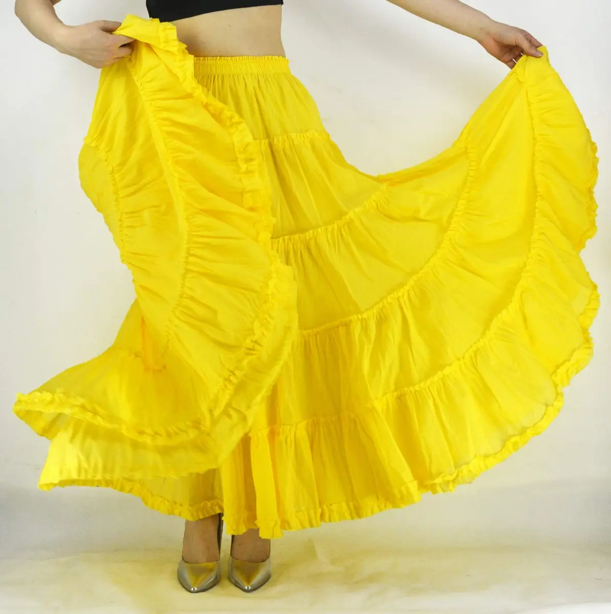 YSJERA Women's Cotton 5 Tiered A Line Pleated Maxi Skirt Long Boho Gypsy Dance Skirts (One Size,Yellow) | Flowy, Breathable Cotton for Casual & Formal Wear - view 2