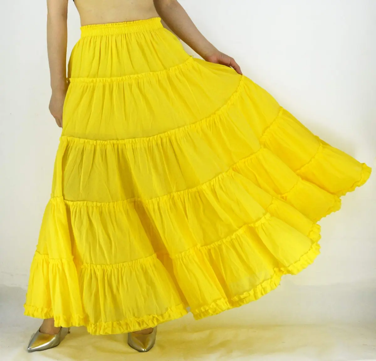YSJERA Women's Cotton 5 Tiered A Line Pleated Maxi Skirt Long Boho Gypsy Dance Skirts (One Size,Yellow) | Flowy, Breathable Cotton for Casual & Formal Wear - view 3