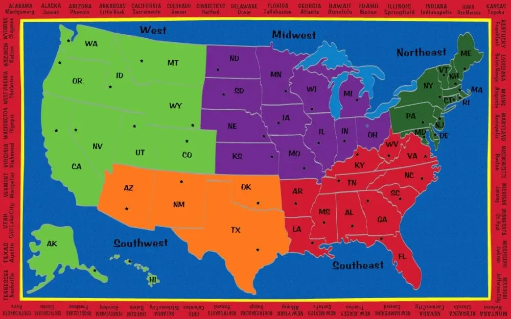 KIDCARPET.COM Map of The USA with Regions Classroom Rug | Geography Learning Carpet for Preschool & Elementary - main product image