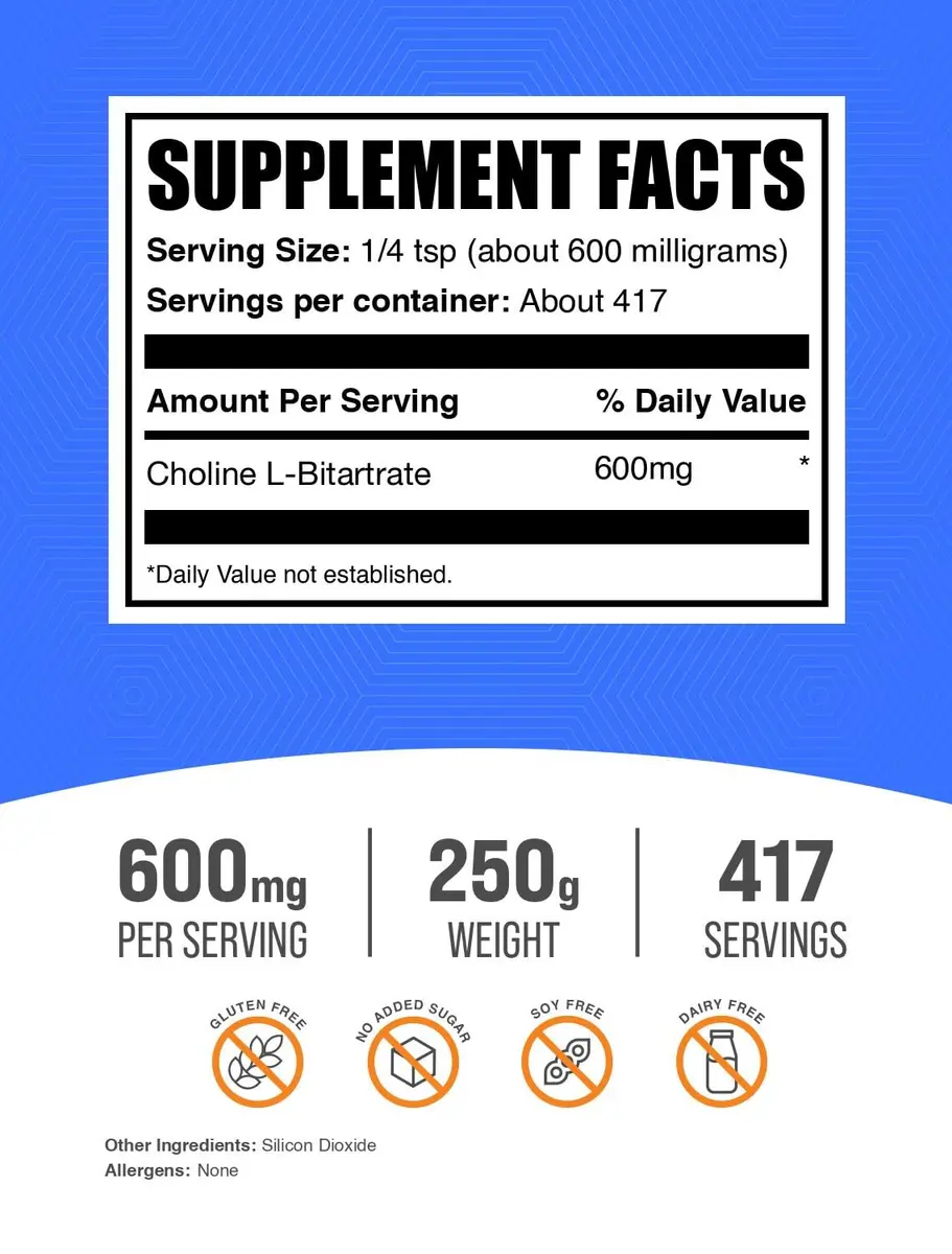 BulkSupplements Choline Bitartrate Powder 250g (8.8 oz) | Supports Overall Health & Cognitive Function - view 2