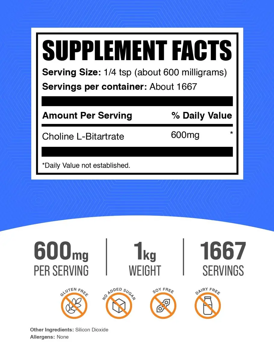 BulkSupplements Choline Bitartrate Powder 1kg (2.2 lbs) | Supports Overall Health & Cognitive Function - view 2