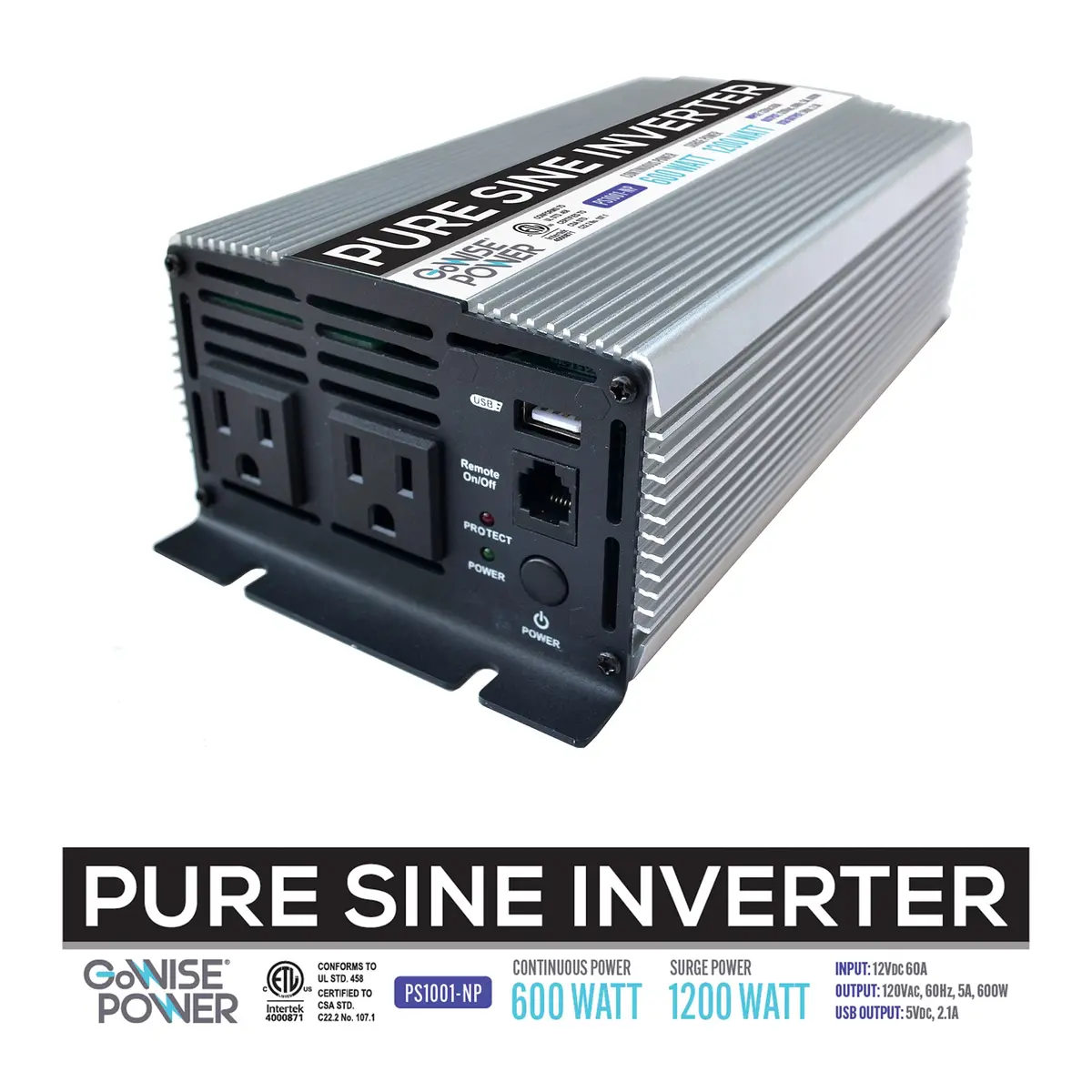 GoWISE Power 600W Pure Sine Wave Inverter 12V DC to 115V AC | Compact, Efficient Emergency Power - view 7
