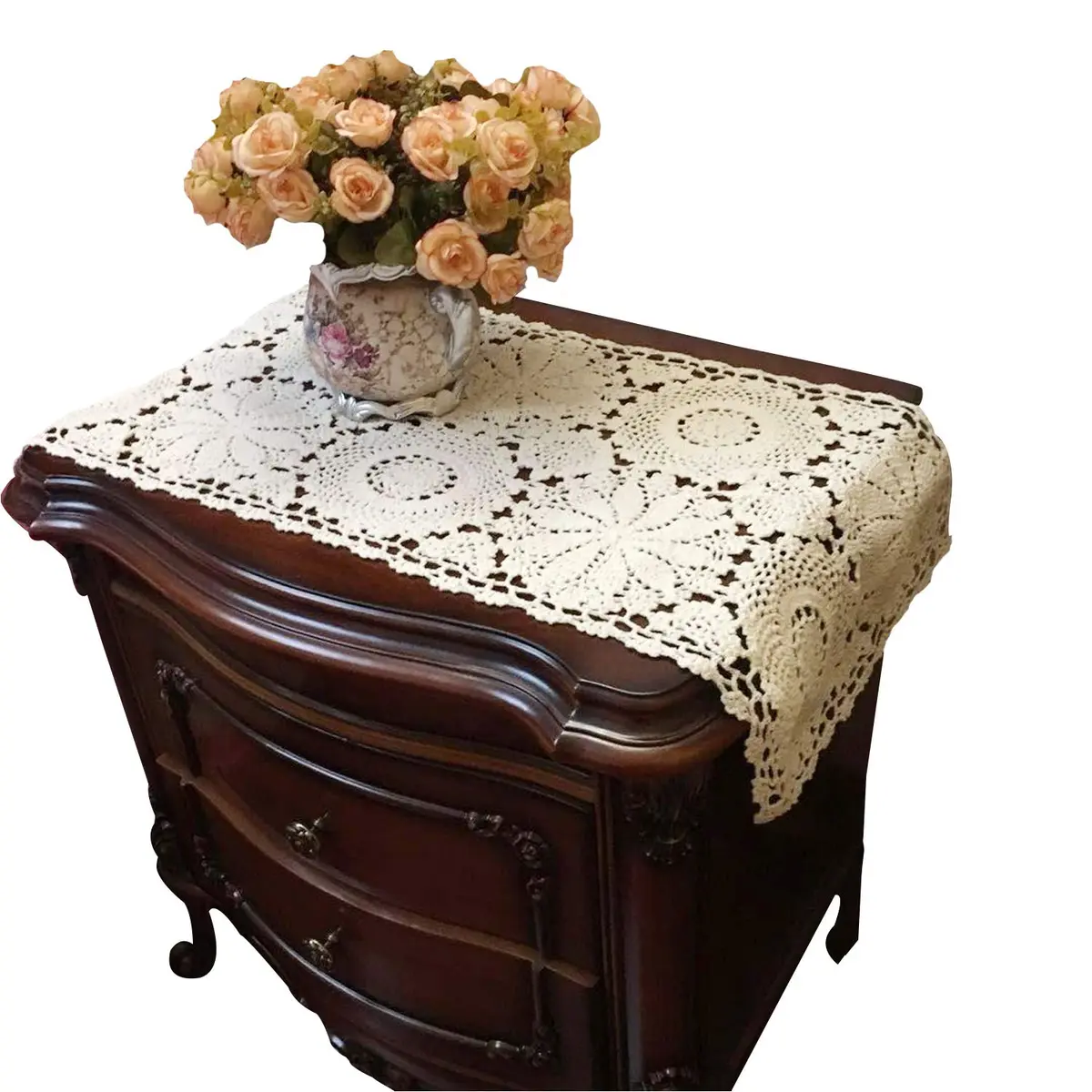 USTIDE Rustic Floral Table Runner Hand Crochet 40cm x 80cm | Beige Cotton Doilies for Elegant Decor - main product image