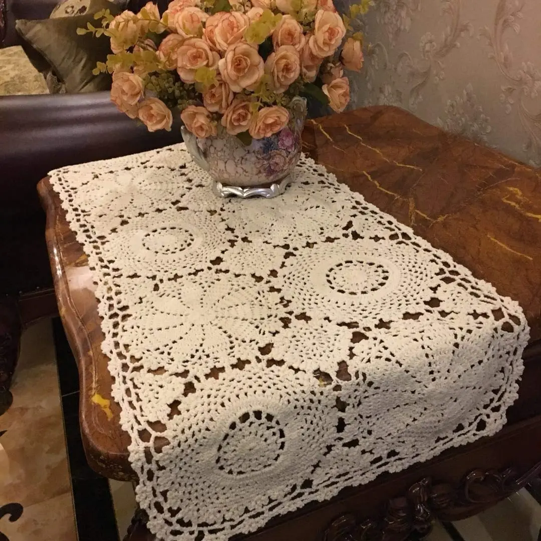 USTIDE Rustic Floral Table Runner Hand Crochet 40cm x 80cm | Beige Cotton Doilies for Elegant Decor - view 5
