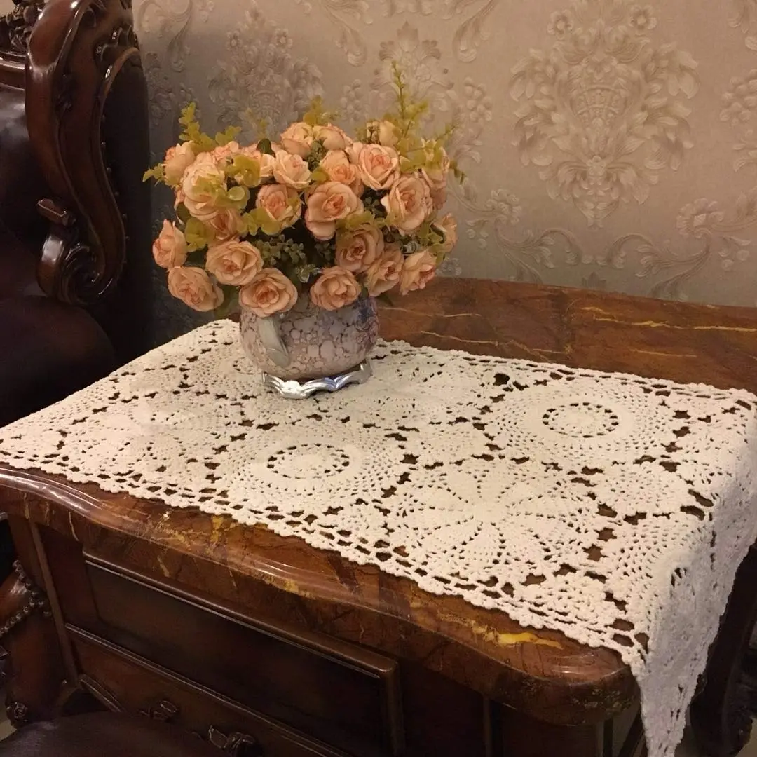 USTIDE Rustic Floral Table Runner Hand Crochet 40cm x 80cm | Beige Cotton Doilies for Elegant Decor - view 2