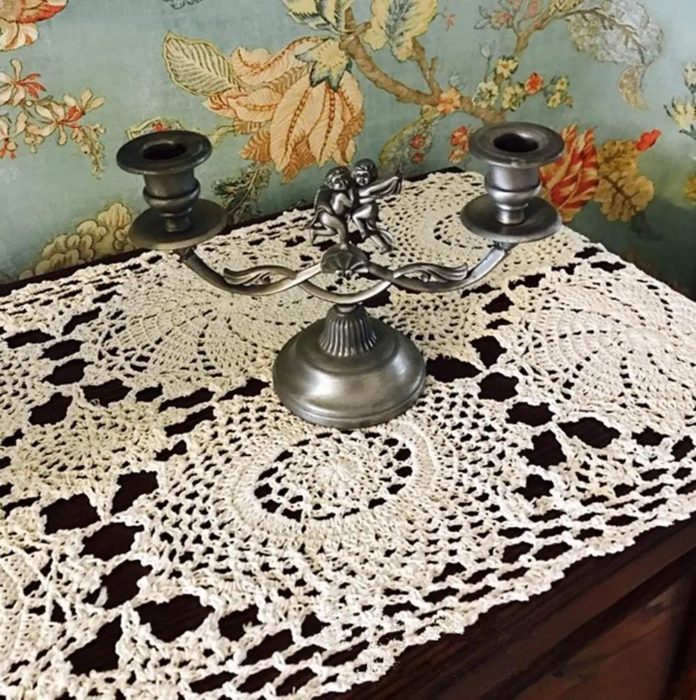 USTIDE Rustic Floral Table Runner Hand Crochet 40cm x 80cm | Beige Cotton Doilies for Elegant Decor - view 3