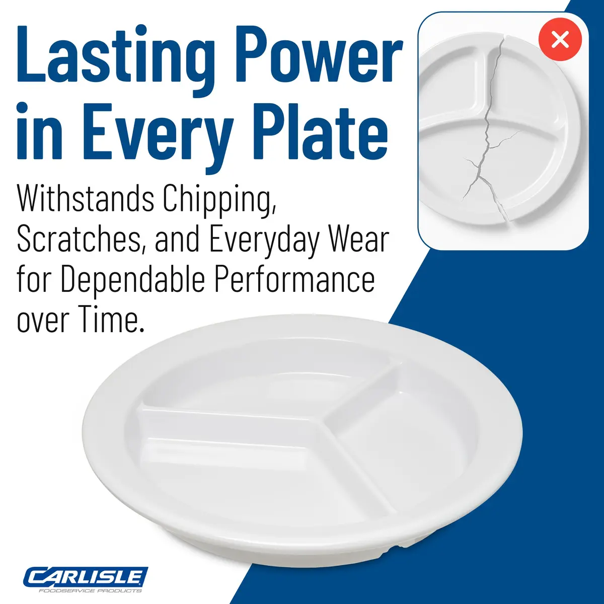 Carlisle FoodService Dallas Ware Plastic Divided Plate 9 Inches | Heavy-Duty Melamine, 3 Compartments, White - view 6