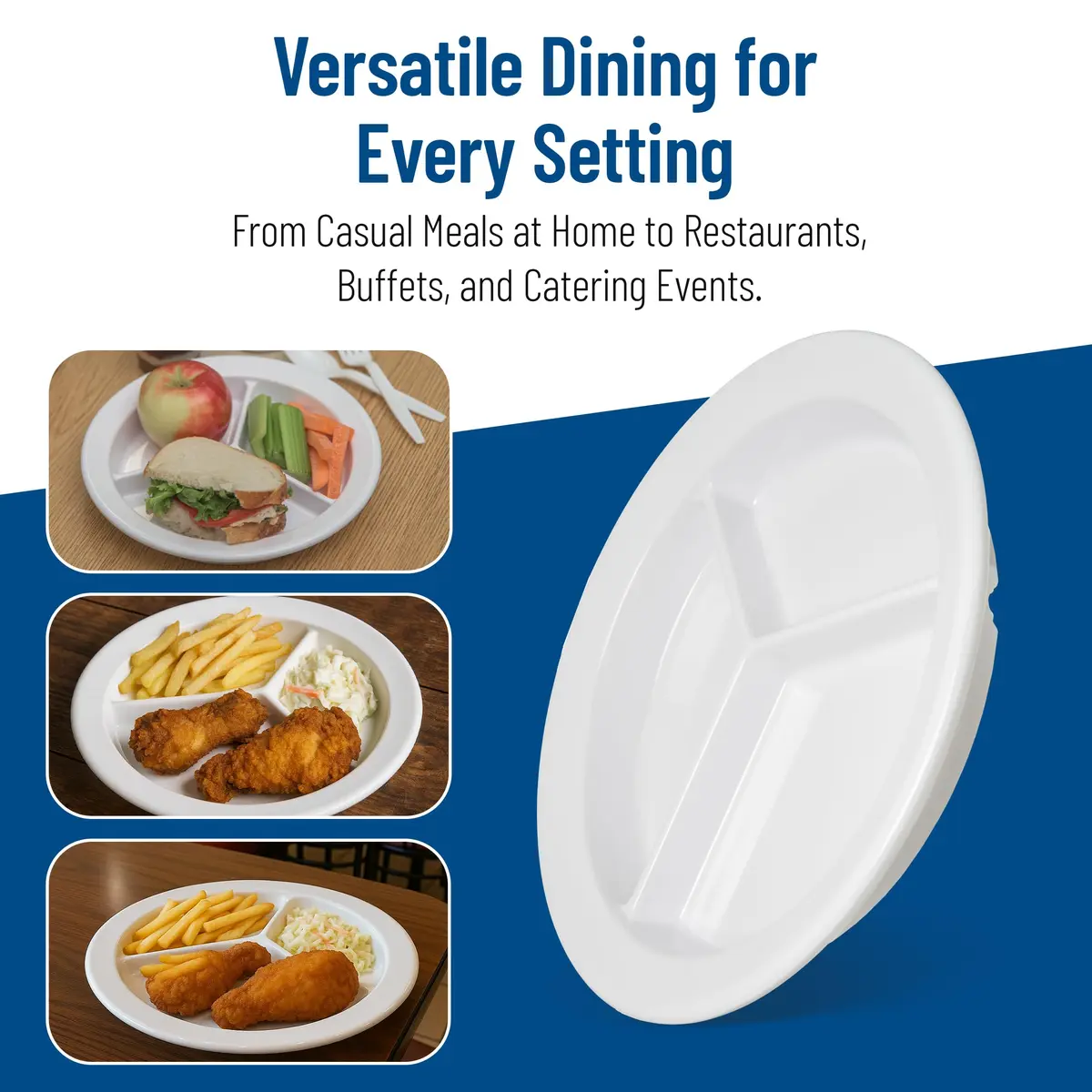 Carlisle FoodService Dallas Ware Plastic Divided Plate 9 Inches | Heavy-Duty Melamine, 3 Compartments, White - view 7