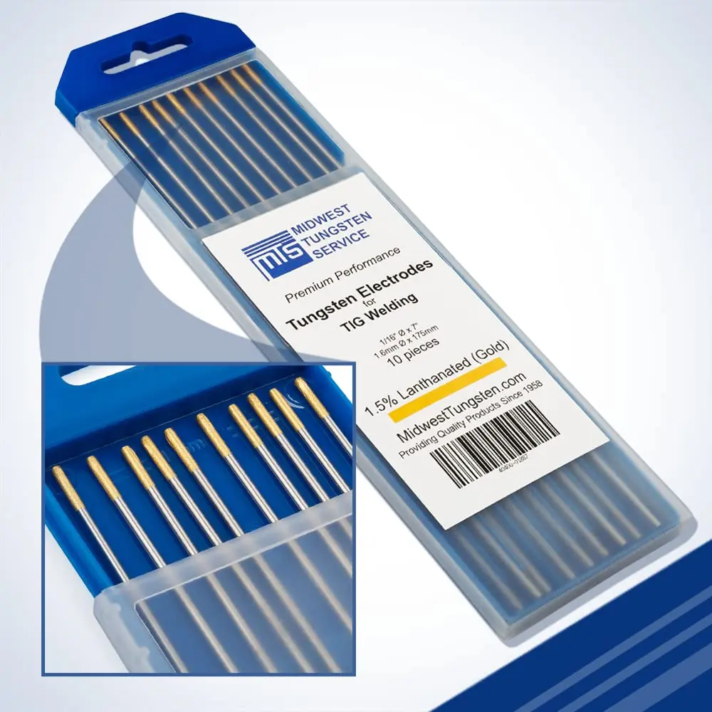 Midwest Tungsten Service Gold 1/16" TIG Tungsten Electrodes (10-Pack) | 1.5% Lanthanated, AC/DC Welding - main product image