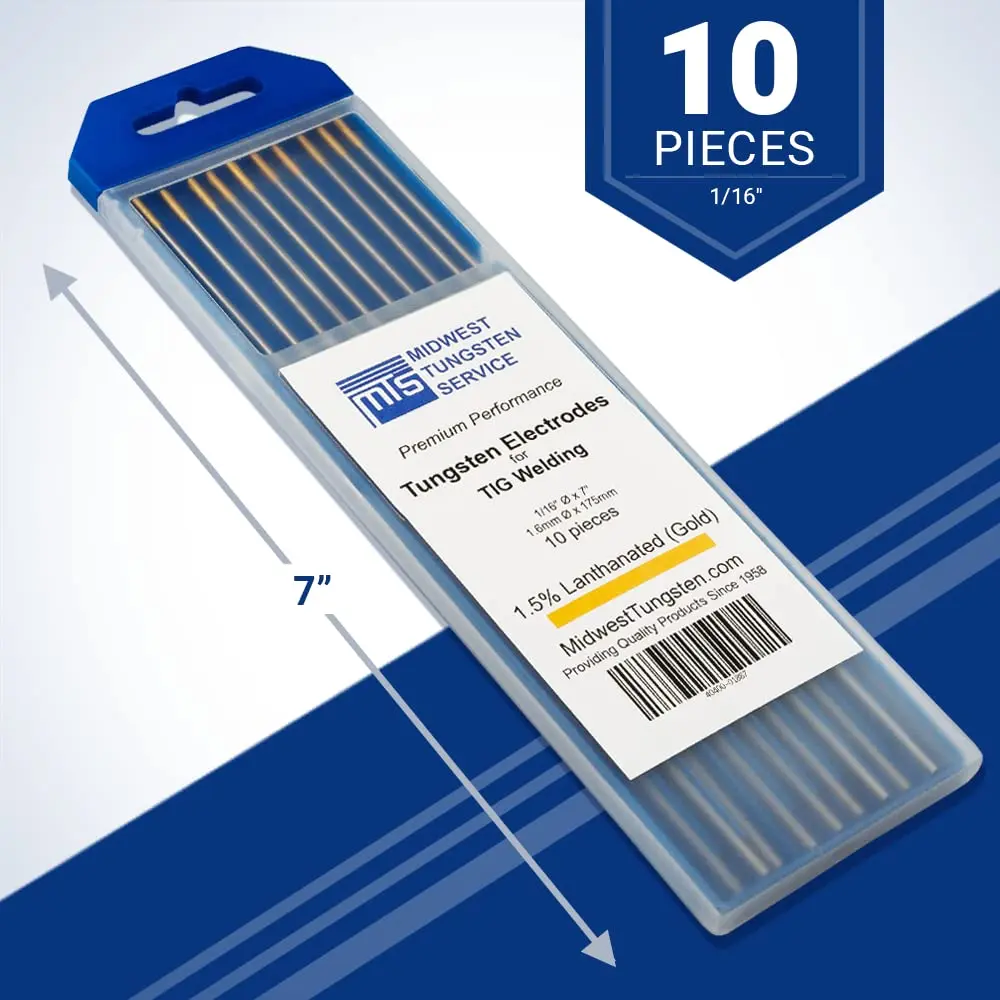 Midwest Tungsten Service Gold 1/16" TIG Tungsten Electrodes (10-Pack) | 1.5% Lanthanated, AC/DC Welding - view 2