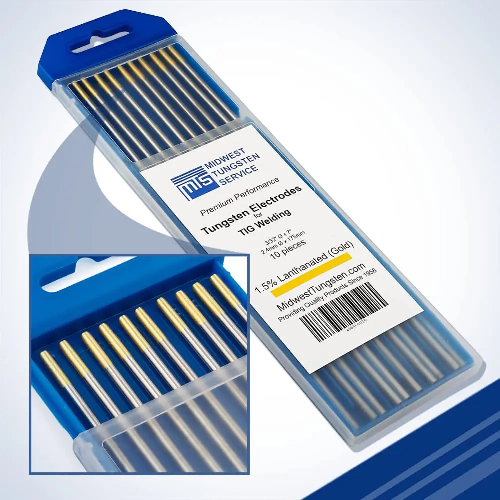 Midwest Tungsten Service Gold 3/32" (2.38mm) TIG Tungsten Electrodes - 1.5% Lanthanated, 10-Pack | Reliable Arc-Striking for AC/DC Welding - main product image