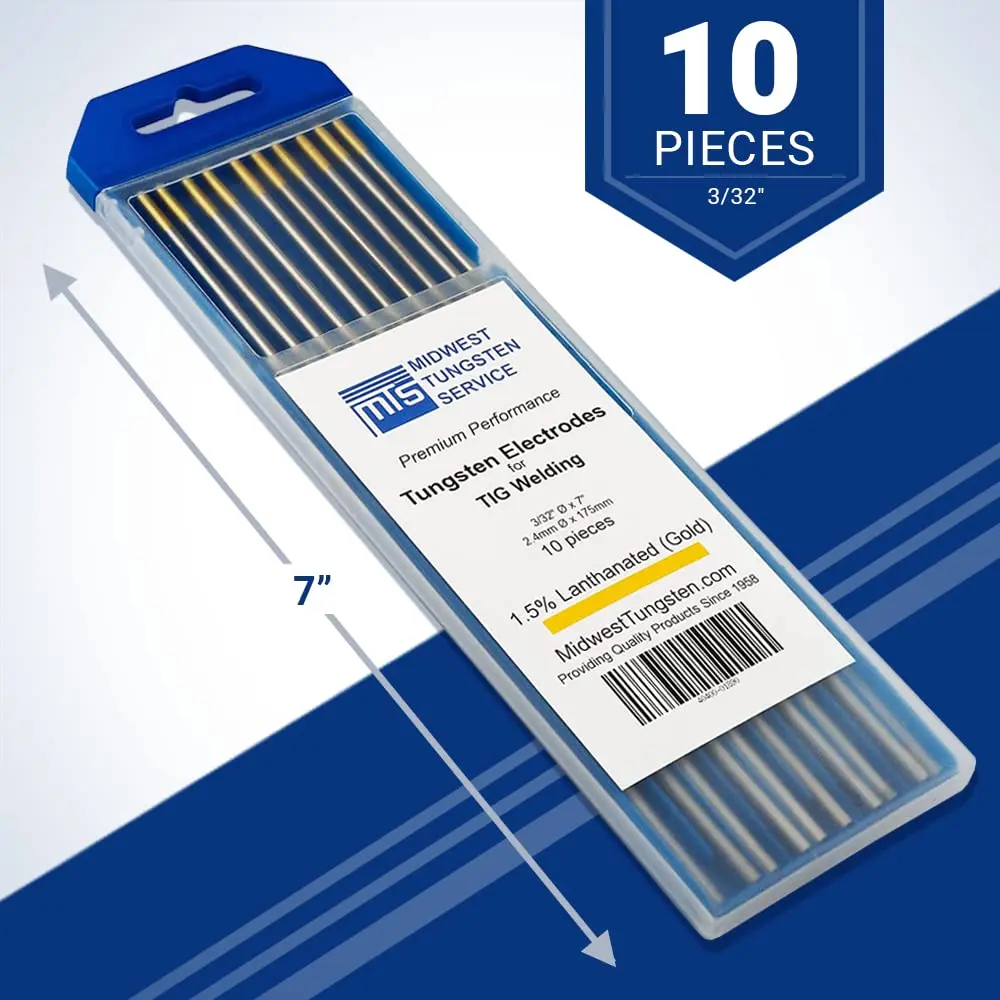 Midwest Tungsten Service Gold 3/32" (2.38mm) TIG Tungsten Electrodes - 1.5% Lanthanated, 10-Pack | Reliable Arc-Striking for AC/DC Welding - view 2