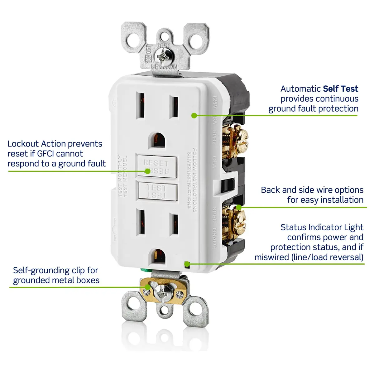 Leviton GFCI Outlet 15 Amp Self Test Non Tamper-Resistant GFNT1-GY Gray | Safety First Electrical Outlet - view 4