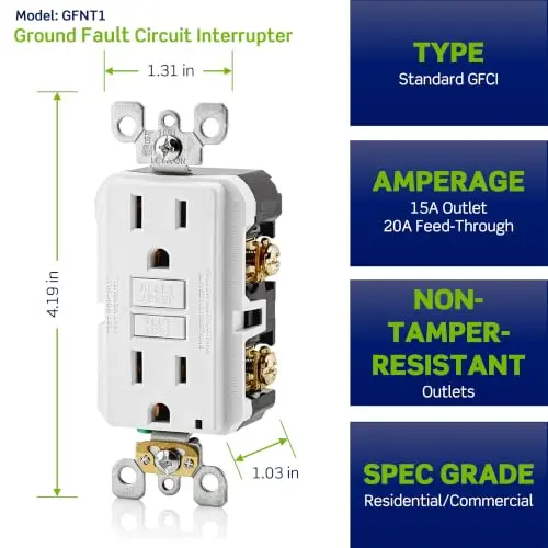 Leviton GFCI Outlet 15 Amp Self Test Non Tamper-Resistant GFNT1-GY Gray | Safety First Electrical Outlet - view 3