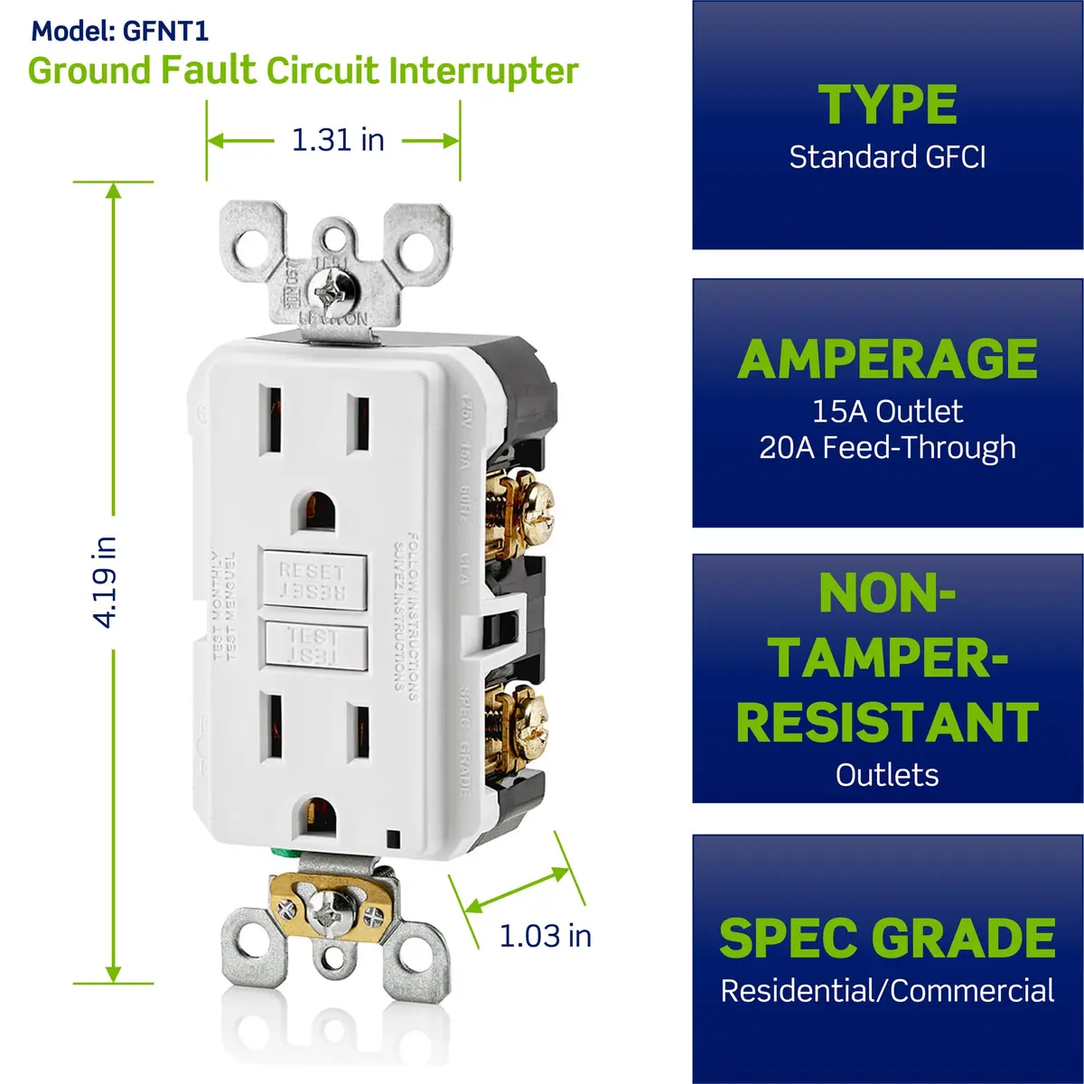 Leviton GFCI Outlet 15 Amp Self Test Non Tamper-Resistant GFNT1-GY Gray | Safety First Electrical Outlet - view 3