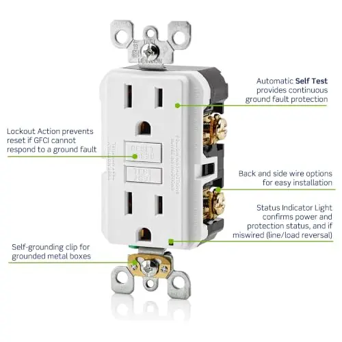 Leviton GFCI Outlet 15 Amp Self Test Non Tamper-Resistant GFNT1-GY Gray | Safety First Electrical Outlet - view 4
