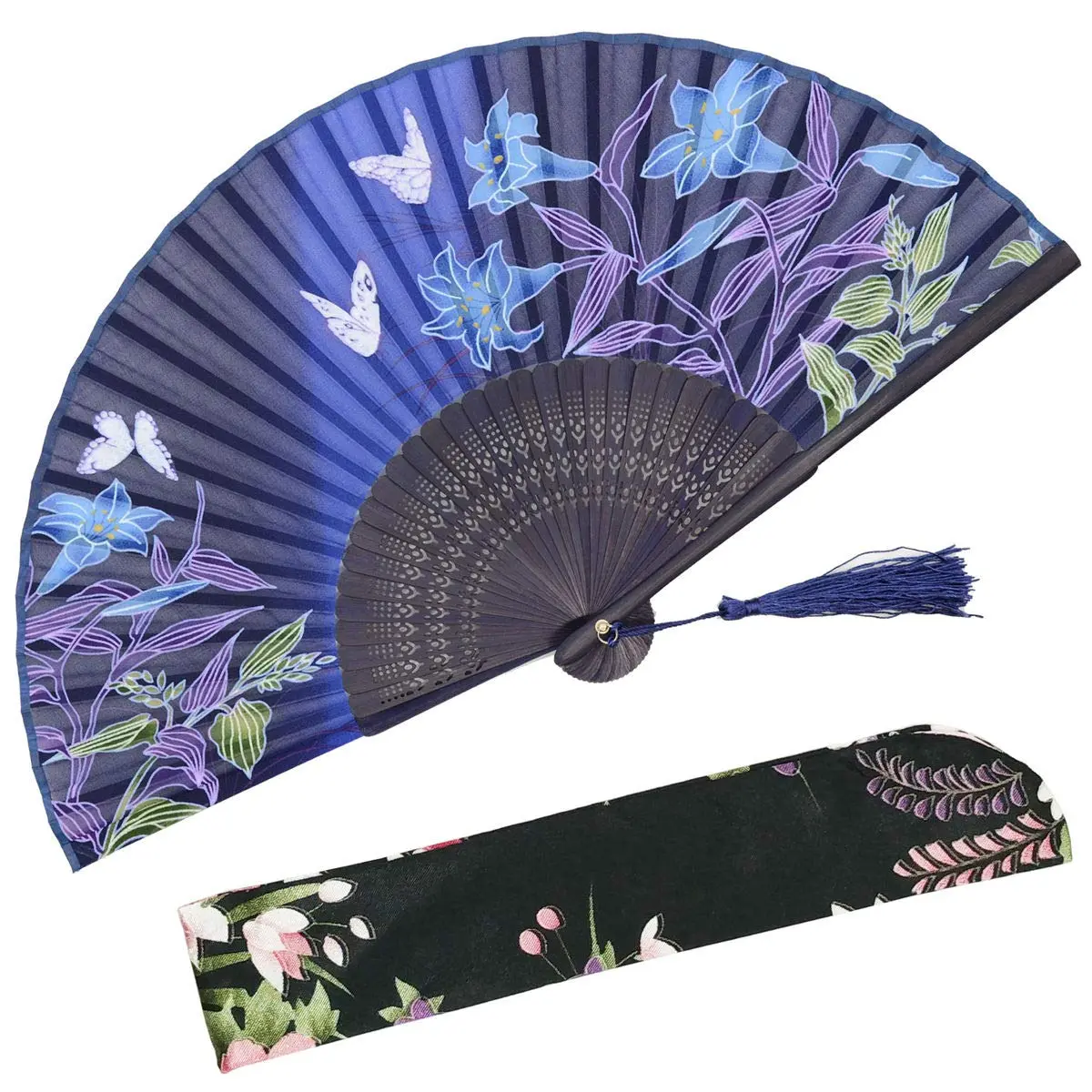 OMyTea Hand Fan Foldable for Women, Japanese Chinese Fan, Dark Blue Lily | Vintage Floral Silk & Bamboo - main product image