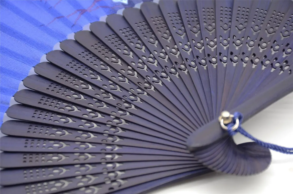 OMyTea Hand Fan Foldable for Women, Japanese Chinese Fan, Dark Blue Lily | Vintage Floral Silk & Bamboo - view 5