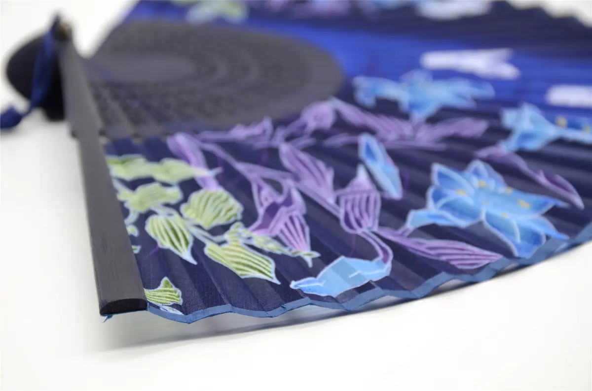 OMyTea Hand Fan Foldable for Women, Japanese Chinese Fan, Dark Blue Lily | Vintage Floral Silk & Bamboo - view 6