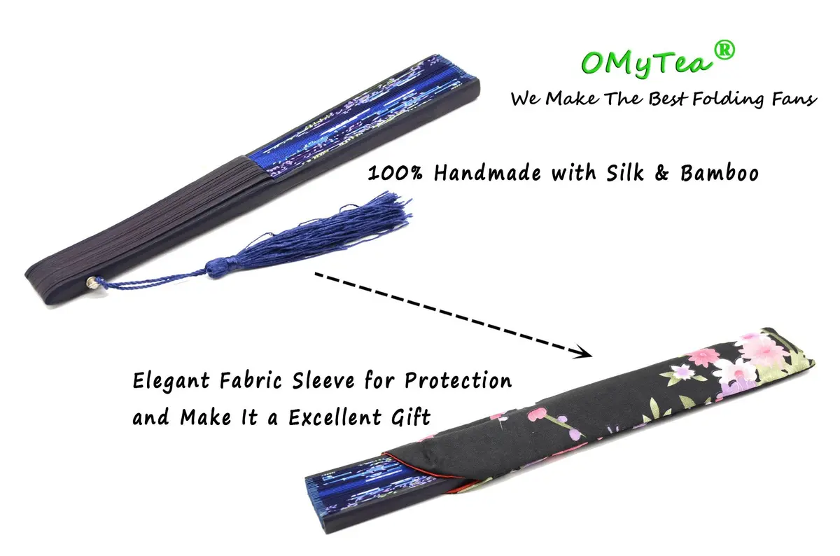 OMyTea Hand Fan Foldable for Women, Japanese Chinese Fan, Dark Blue Lily | Vintage Floral Silk & Bamboo - view 7