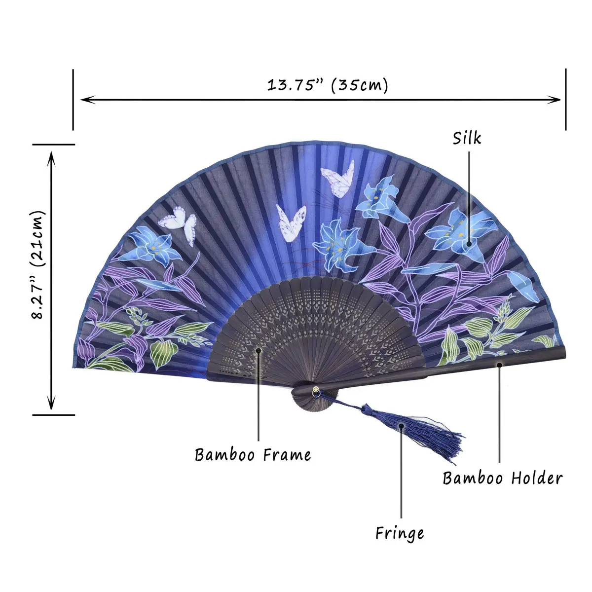 OMyTea Hand Fan Foldable for Women, Japanese Chinese Fan, Dark Blue Lily | Vintage Floral Silk & Bamboo - view 2