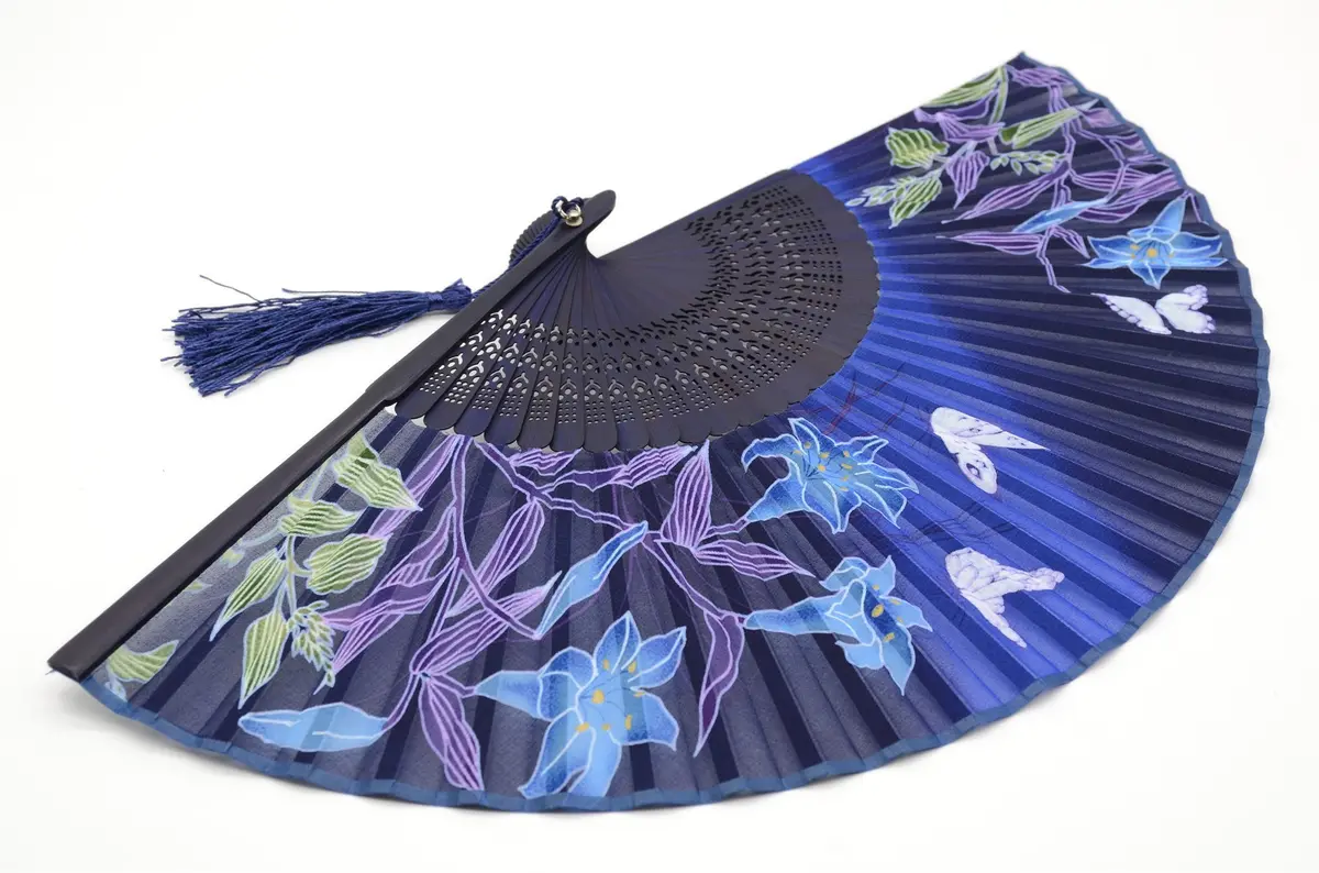 OMyTea Hand Fan Foldable for Women, Japanese Chinese Fan, Dark Blue Lily | Vintage Floral Silk & Bamboo - view 3
