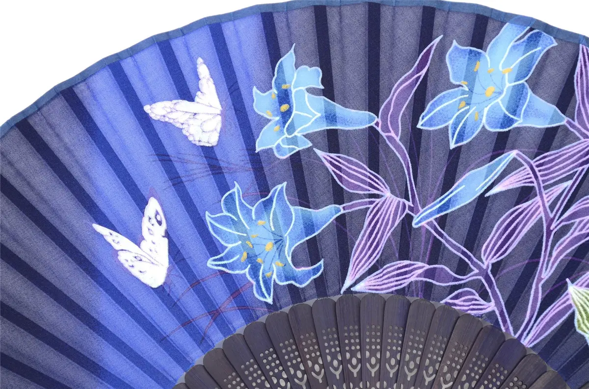 OMyTea Hand Fan Foldable for Women, Japanese Chinese Fan, Dark Blue Lily | Vintage Floral Silk & Bamboo - view 4